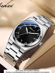 Luxury Business Men's Quartz Analog Watch, Arabic Numerals Round Dial, Calendar Display, Butterfly Clasp Strap, Waterproof Night Vision, Quartz Wristwatch
