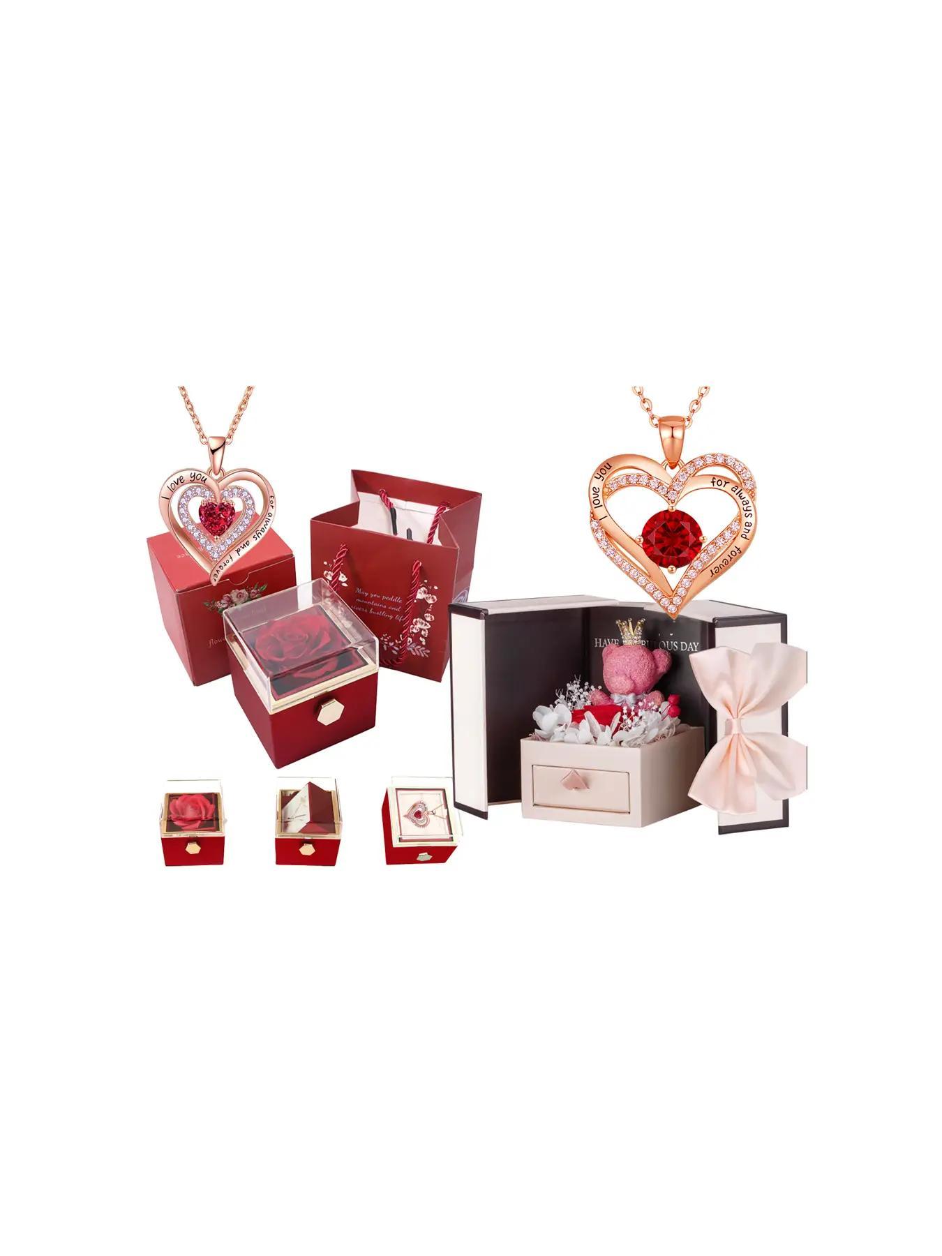 Mother's Day Rhinestone Heart Pendant Necklace Gift for Women, 'I Love You' Engraved Dainty Summer Jewelry with Flower and Gift Box