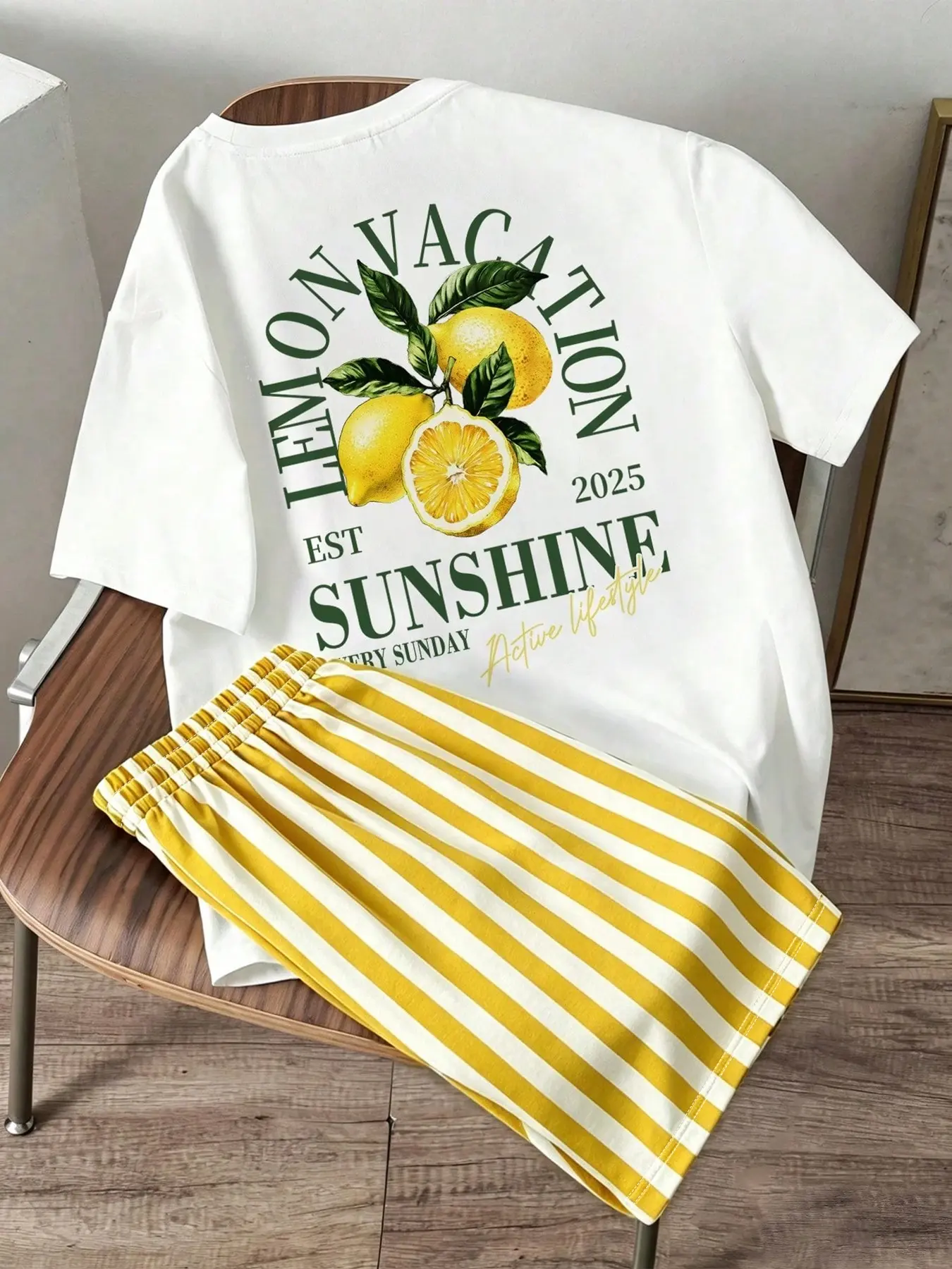 2Pcs Women's & Men's Lemon Print Set, Lemon Vacation Print Short Sleeve T-Shirt Striped Elastic Waist Shorts, Summer Beach Loungewear, for Casual Summer Wear