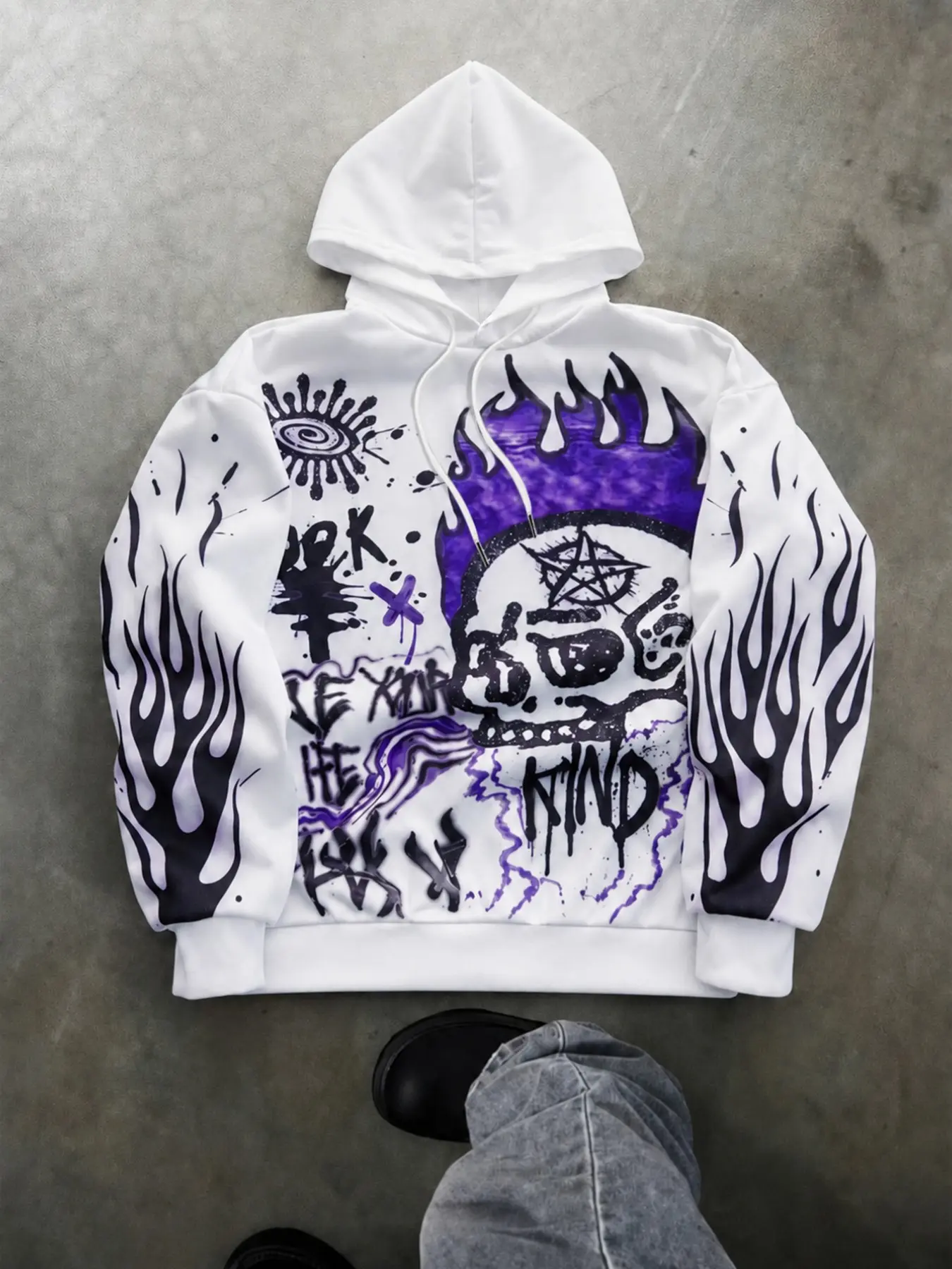 Men's White Autumn Streetwear City Break Pullover Hoodie,Purple Flame Skull Monster Graphic Letter Print,Y2K Graffiti Hoodie