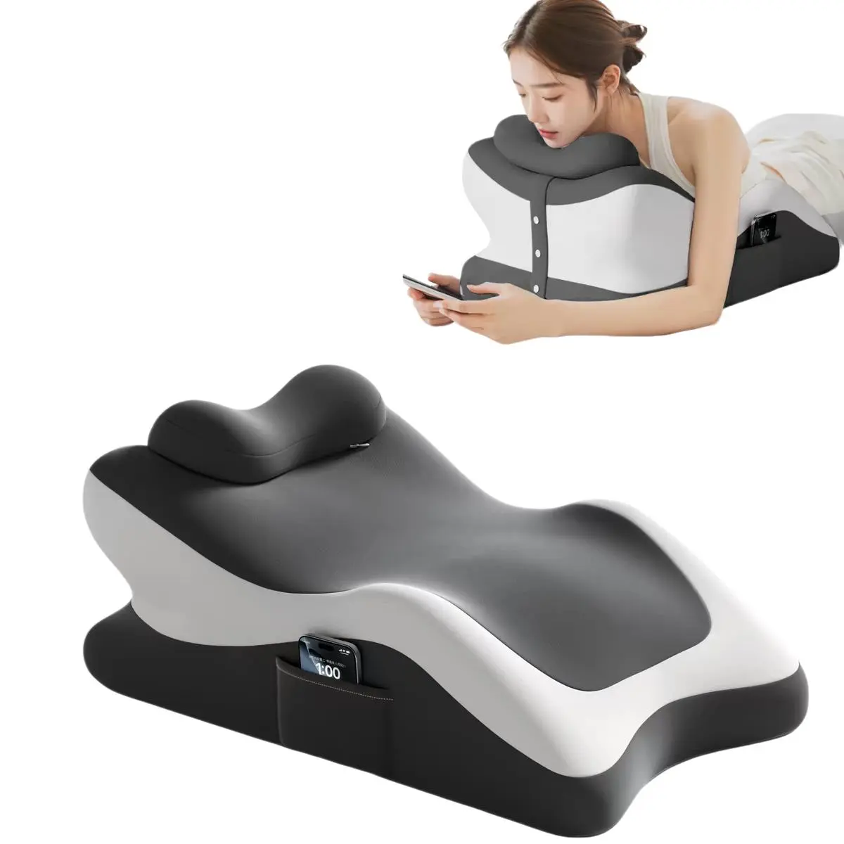 Memory Foam Prone Pillow, Skin-Friendly Ice Silk Fabric, Washable, Side Pockets, Ergonomic Bed Pillow, Multi-Angle Backrest, Body Support, Curved Supportive Backrest
