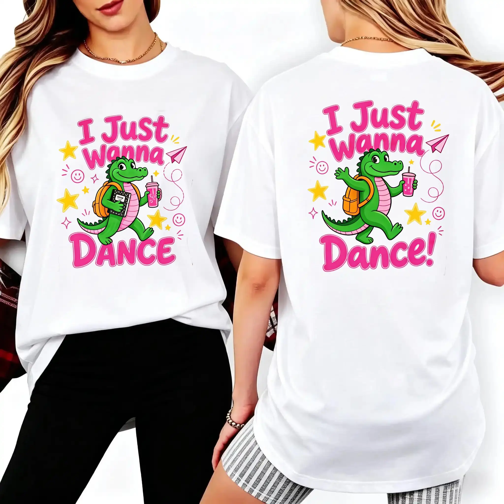Men's 100% Cotton Lightweight Shortsleeve T-Shirt - Back-To-School, Disability Pride Month 2026 Anniversary, Cute Alligator With Backpack & Drink Graphic, Dream Fabric, "I Just Wanna Dance" Casual Tee, Fit