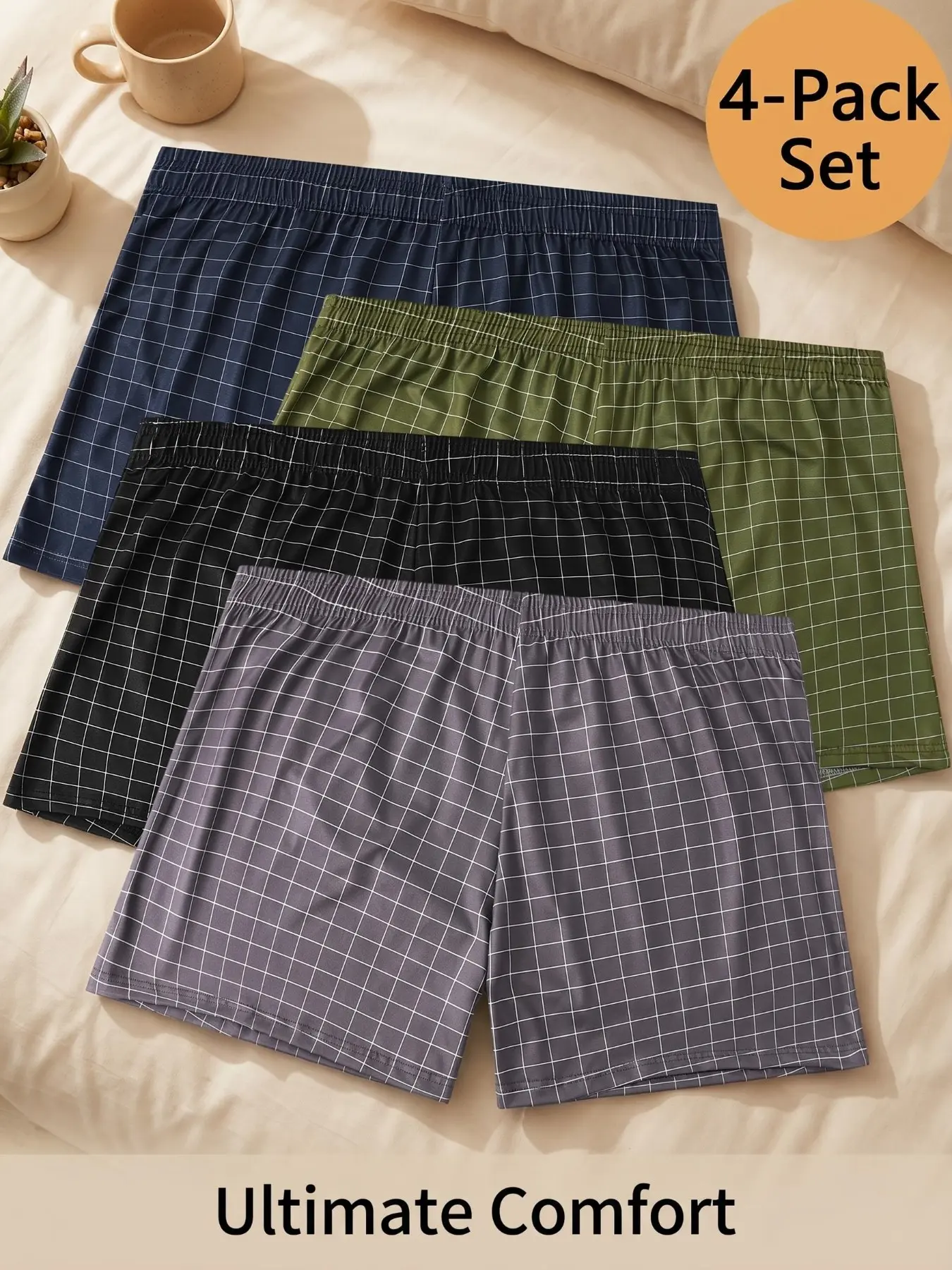 4-Pack Men’s Loose Casual Aro Boxer Shorts Underwear, Fine Plaid in 4 Colors, Breathable Comfort Fit, Ideal for Home, Leisure & Travel