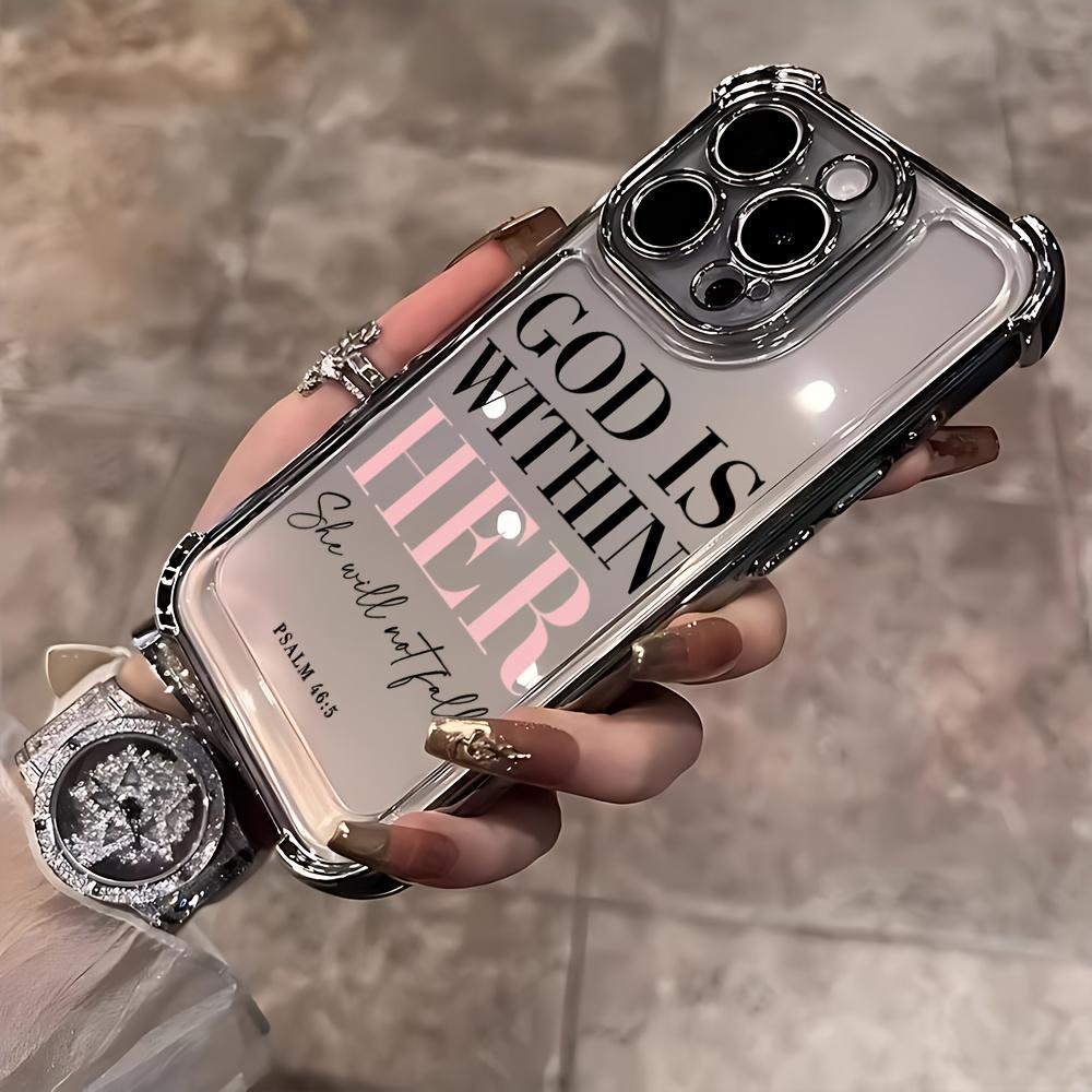 Pink Words Psalm Christian Quote Aesthetic Four-corner Thickened Mobile Phone Case for iPhone 17 Air 16 15 14 13 12 11 Pro Max Plus 16e border Electroplating with counter-fall Safety Cushion Compatible with