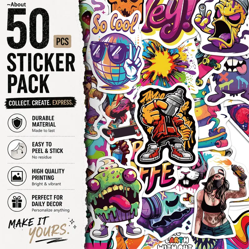 50PCS Street Graffiti Aesthetic Vinyl Stickers Pack for Laptop Water Bottle Phone Case Skateboard Journal Scrapbook DIY Decoration