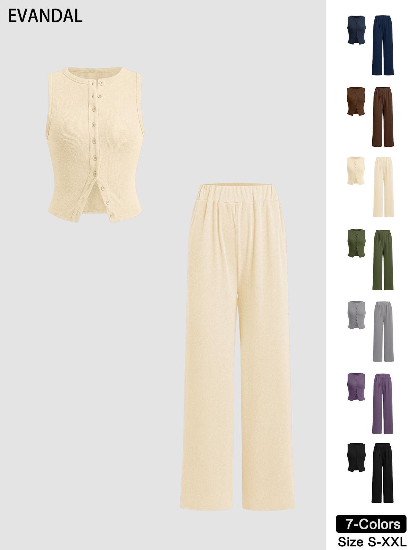 Women's Basic Fitted Solid Ribbed Button Tank Top & Straight Leg Pants Two-piece Set, Casual Sleeveless Top & Trousers for Daily Wear, Ladies Two-piece Outfits for All Seasons, Clothes,Airport Outfit