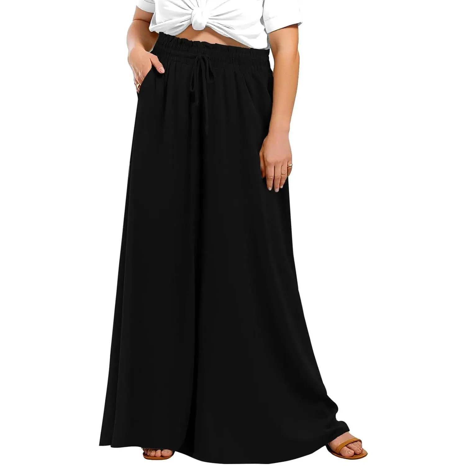 Women's Plus Size High-Waist Wide Leg Flare Cut Flowy Casual Palazzo Lounge Trousers Culottes with Pockets