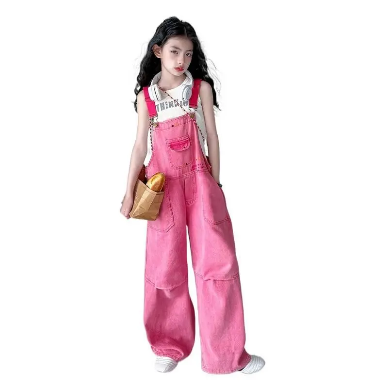 2026 Summer Dopamine Style Girls' Loose-Fit Denim Overalls, Cotton-Blend Versatile Casual Wear, Faux Pockets, for 13-14Y Older Girls' Daily Outings & Shopping, 15% Polyester, Prop 65 Safe, 3+ Years