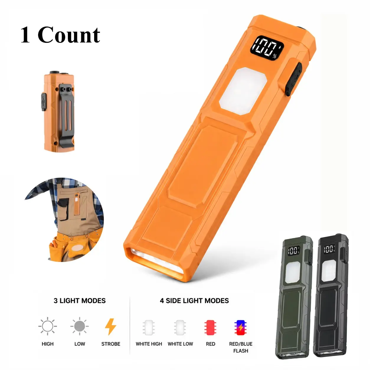 Multifunctional Compact Pocket Portable LED Flashlight, Type-C Charging Rechargeable Flashlights, Digital Display with Clip, Ideal for Work, Repair, Travel, Outdoor Activities