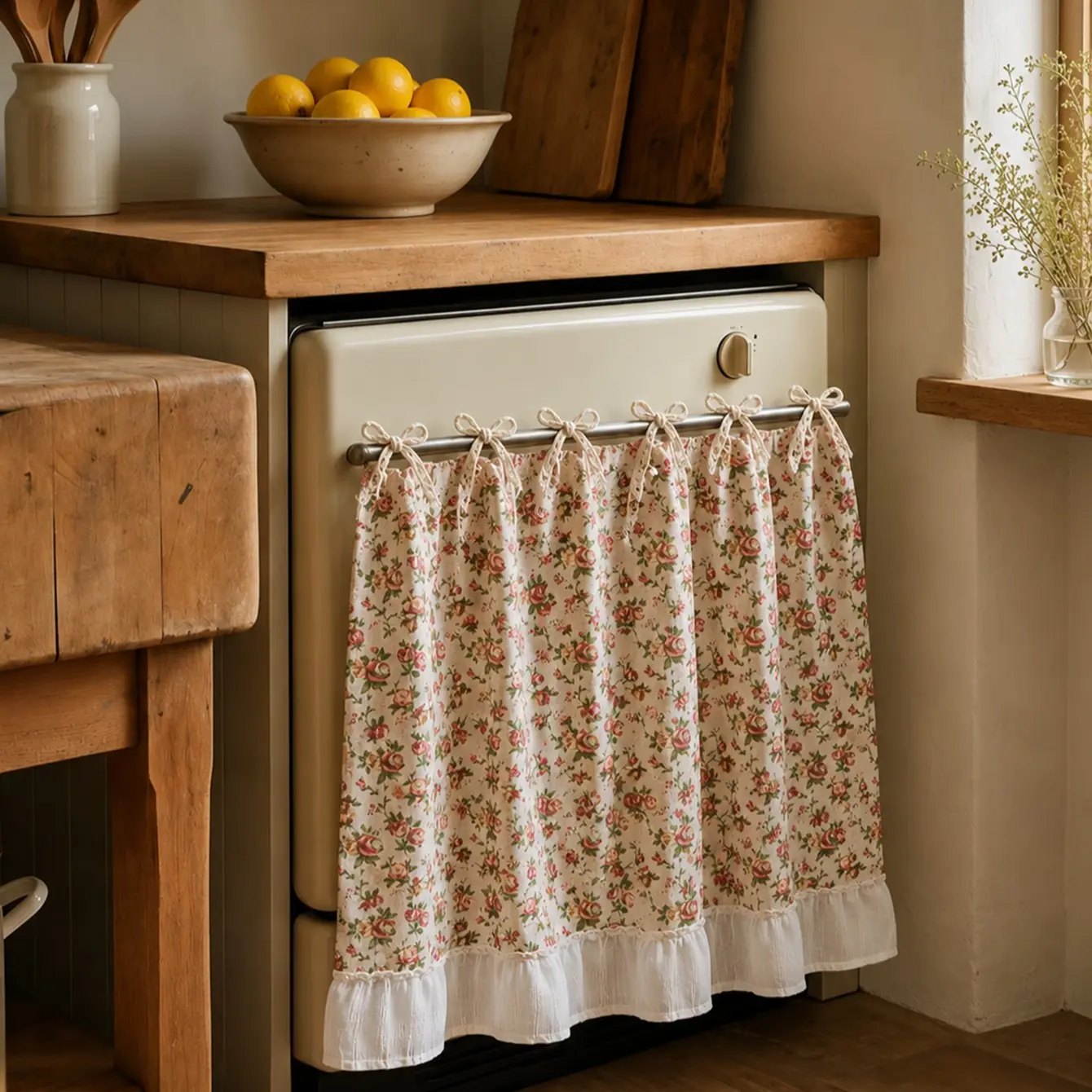 Floral Oven Door Curtain with Ruffle Trim Detail, Farmhouse Style Stove Handle Cover, Decorative Aesthetic Kitchen Oven Dust Curtain, 30 X 21.3 Inches