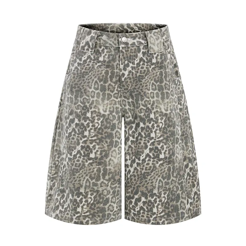 Muted leopard print wide-leg denim jorts with classic five-pocket structure, button fly closure, relaxed baggy silhouette, vintage washed fabric for bold retro streetwear summer styling#SummerWins