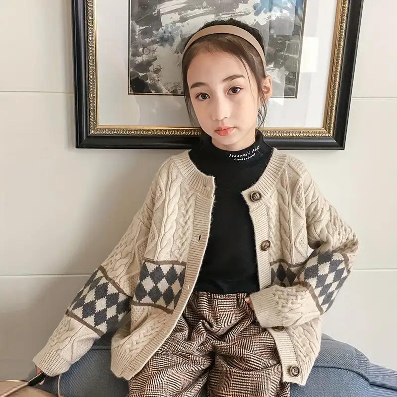 Girls' Sweater Jacket Spring and Autumn New Korean Style Fashionable Casual Knitted Cardigan, Suitable for 3-14 Years Old Girls, Perfect for Daily Wear, Holiday Activities, School, as a Gift, Knitted Cardigan, Sweater Cardigan, Sweater Card