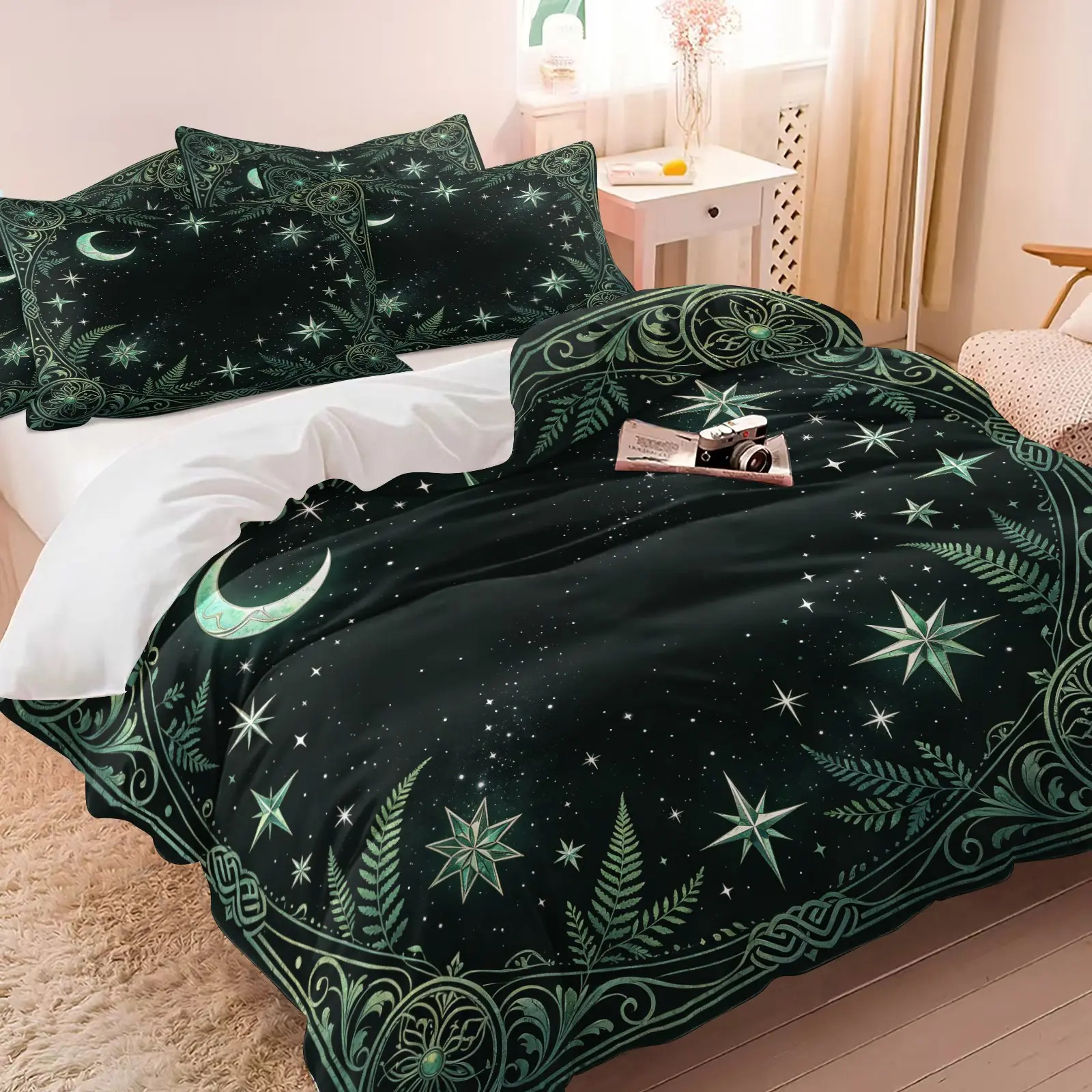 3PCS Dark Green Botanical Star Moon Duvet Cover Set (1 Duvet Cover + 1-2 Coreless Pillowcases), Fern Ornate Frame Night Sky Pattern, Soft Comfy All Seasons Bedding Set, Ideal for Forest Witch Mystic Bedroom Decor