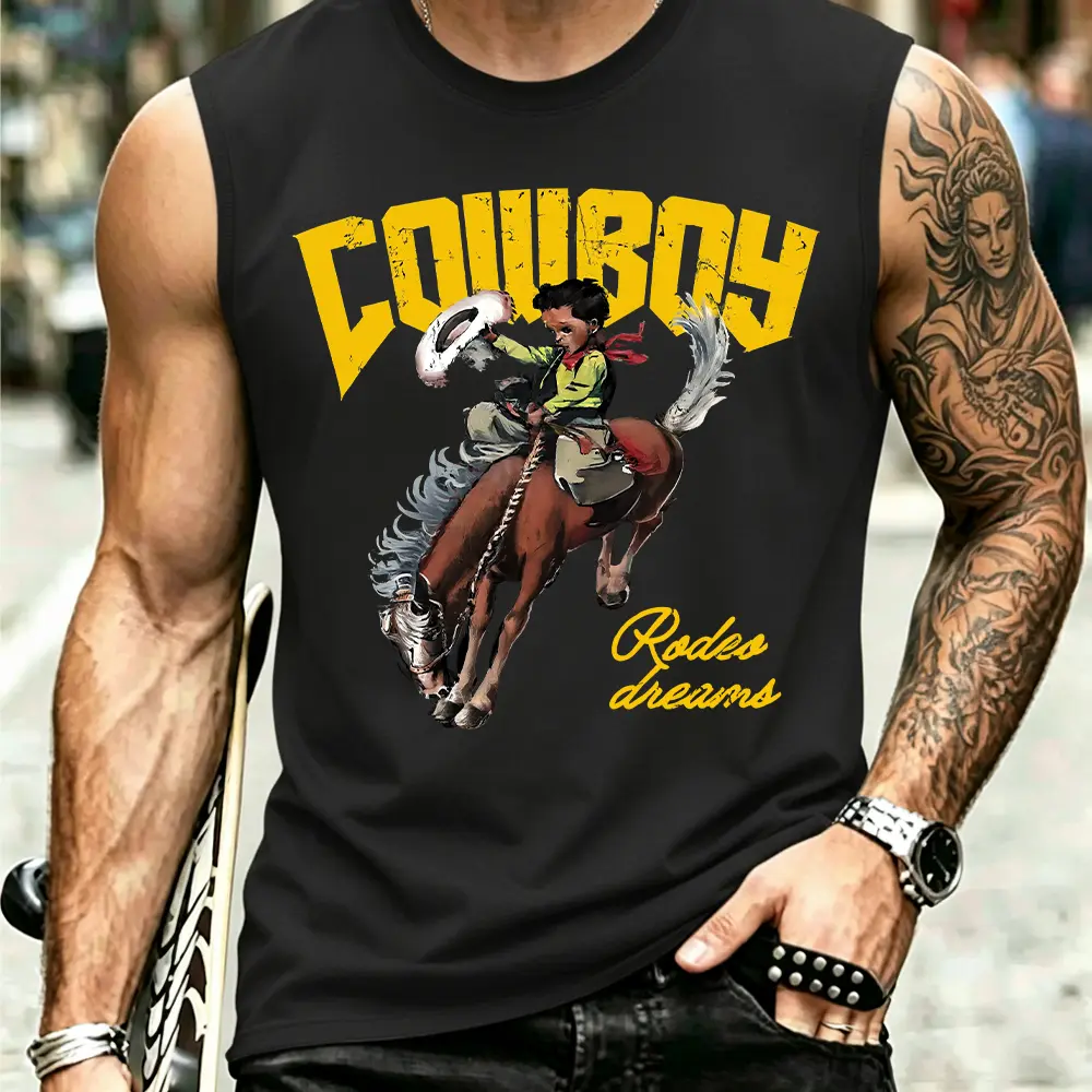 Unisex Vintage Washed "Cowboy Rodeo Dreams" Graphic Tank Top | Oversized Western Streetwear Sleeveless Tee Casual Menswear