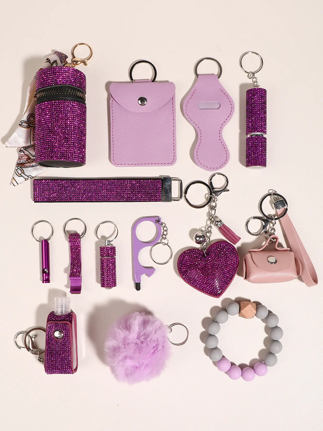 14 in 1 Self Defense Keychains for Women Purple Safety Keychain Keyrings Accessories with Alarm and Window Breaker Emergency Protection Keychain for Outdoor Car Travel Safety Tool Kit Personal Safety Defense Items Keychain Set
