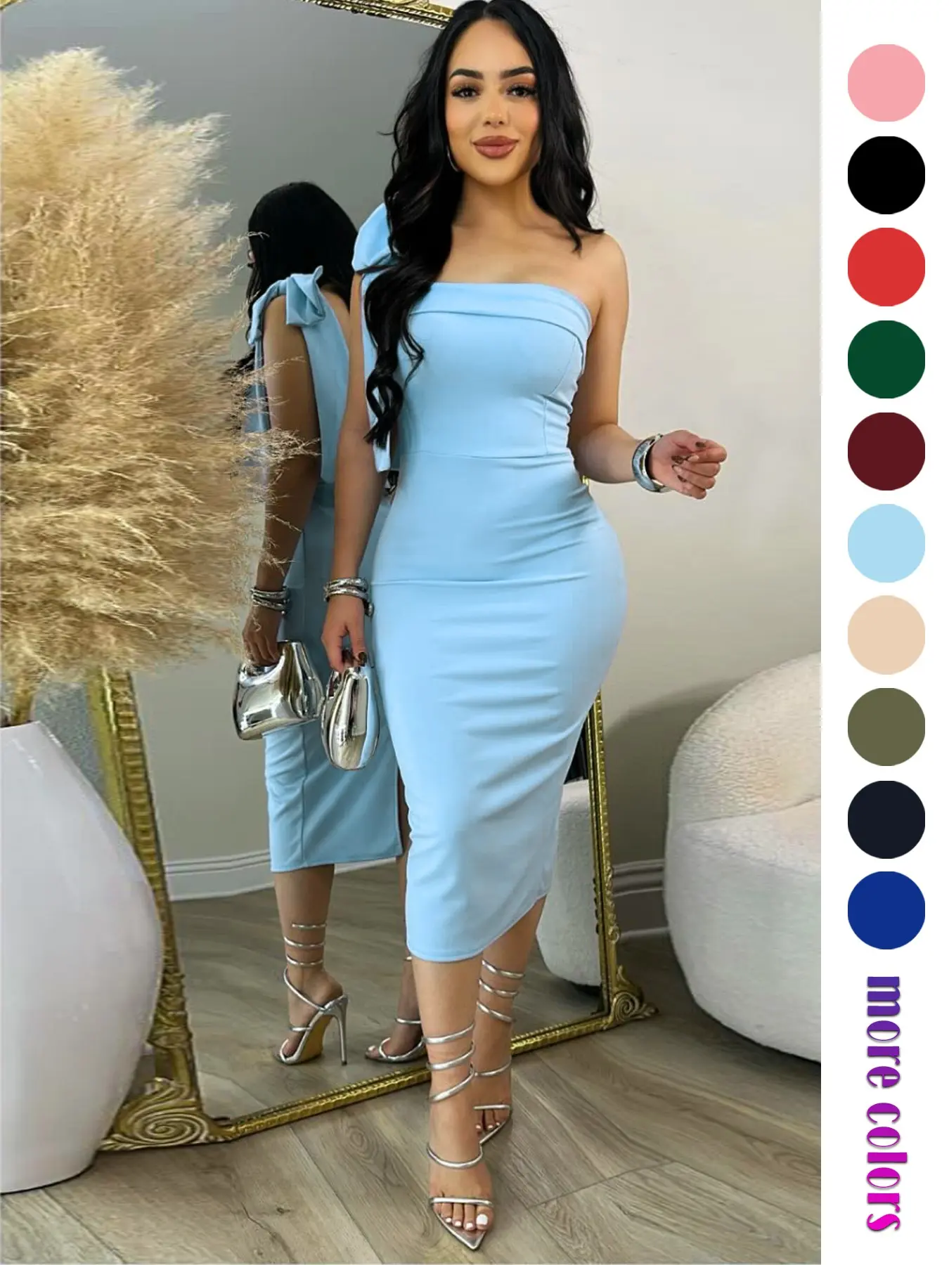Women's One-Shoulder Bow Backless Midi Dress, Summer Sleeveless Slim Fit Party Evening Home Dress, Bodycon Sleeveless Dress, Plain Surface Unlined Clothing Type, Dresses For Party, Elegant Slim Fitting