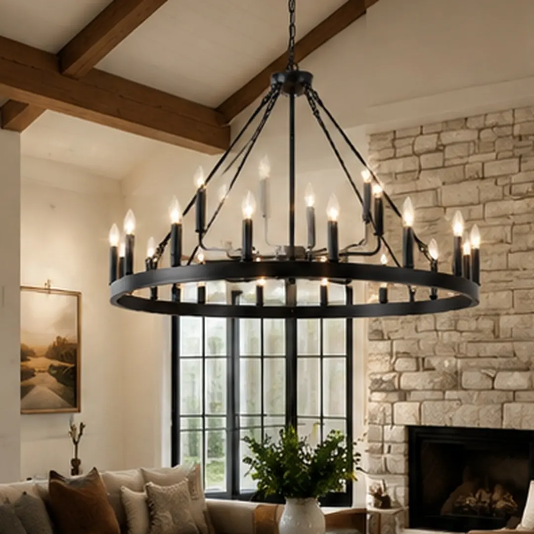 ARCH 40-Inch 2-Tier Wagon Wheel Chandelier - 22-Light Matte Black Iron, Adjustable Height, American Traditional Contemporary Candle Lights, Preassembled Body, Warm Glow for Living Rooms, Kitchen Islands