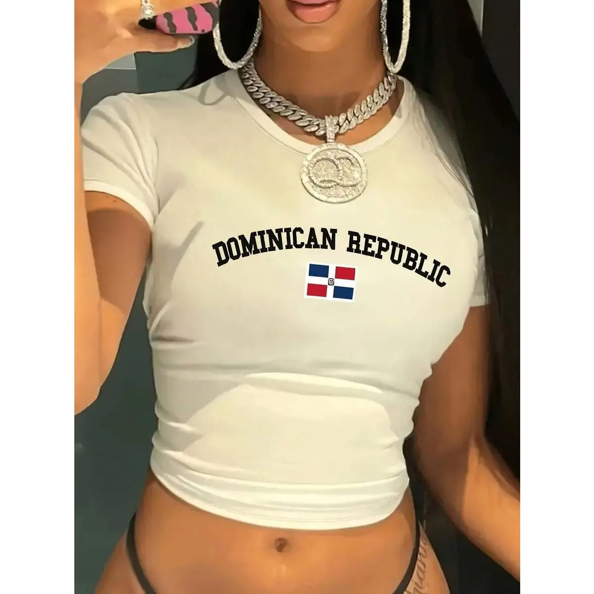 1pc Y2K Dominican Republic Flag Print 'DOMINICAN REPUBLIC' Women's Short Sleeve T-Shirt, Showcasing Patriotic Spirit, Women's Crop Top Tee - Chic Basic