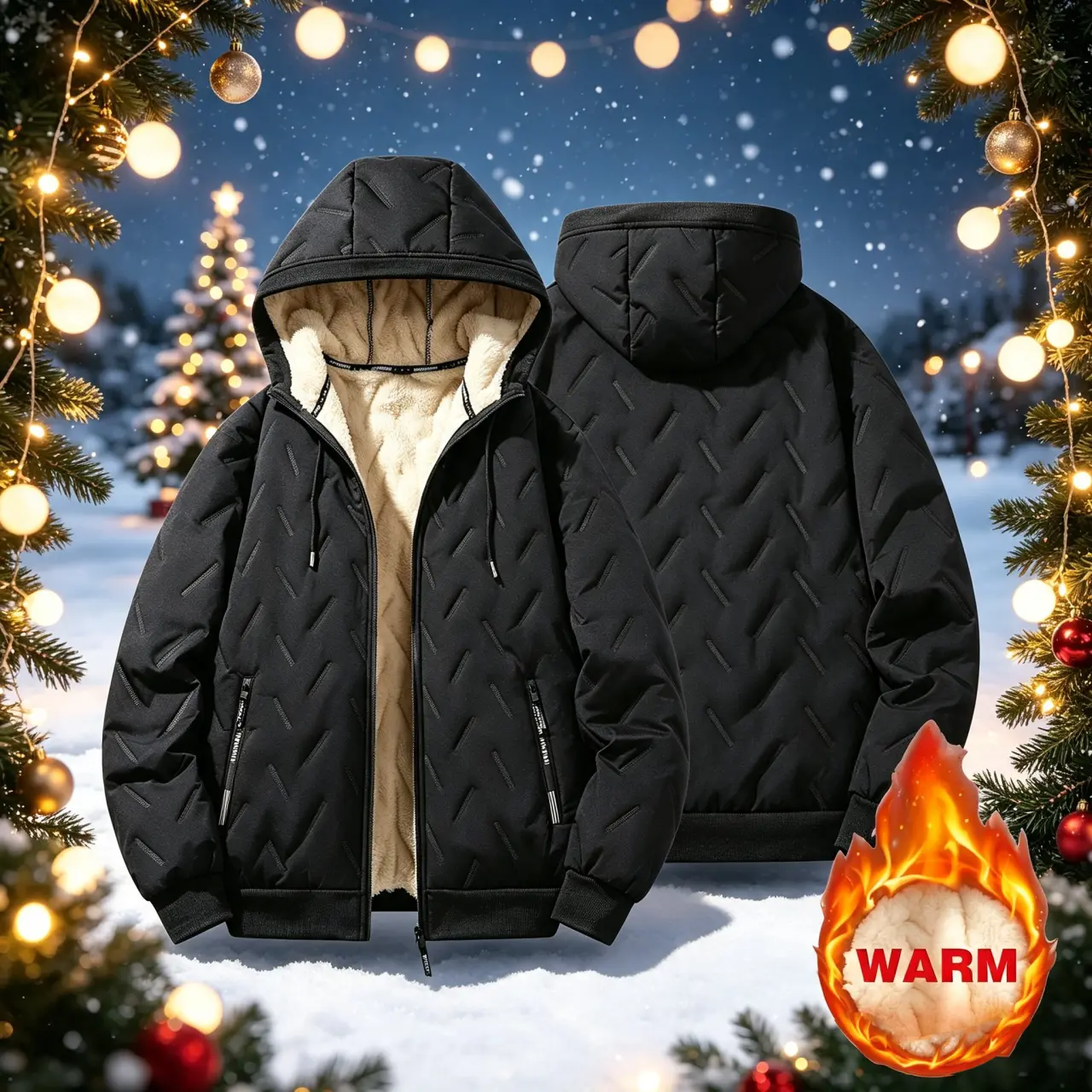 All Winter Thick Sherpa Fleece Attached Hood Quilted Jacket for Men, Full Zip Side Storage Zipper Pockets Ribbed Cuffs & Hem, Thermal Wind Coat for Shopping Outdoor Training