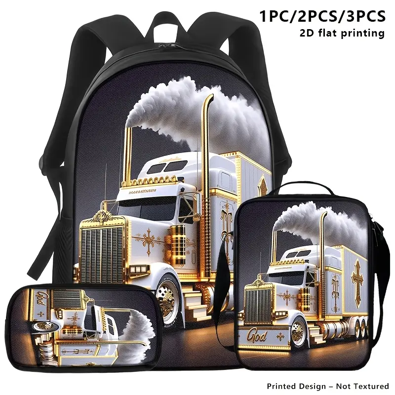 Backpack Daypack Set of 3 for Teens & Adults - High Capacity Oxford Cloth Backpacks, Makeup Pouch & Shoulder Bag, Printed Golden Cross and Heavy-Duty Truck 2D Bright Color Print, Zip Closure