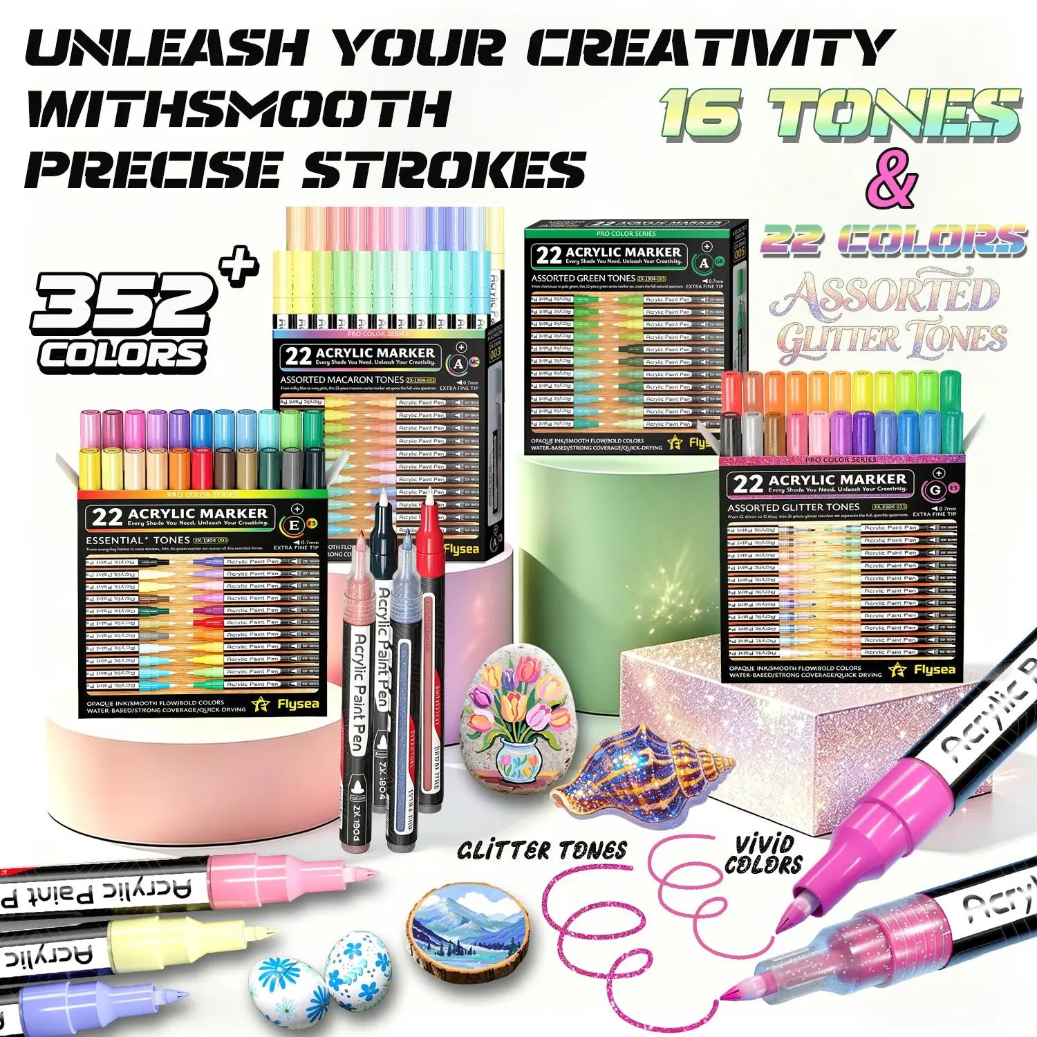 Flysea 22pcs Acrylic Marker Pens, Gradient Colors, 0.7mm Fine Tip, Ideal for Detailed Drawing, Quick Dry, Stain Resistant, Multi-Surface Use, Art Marker Set