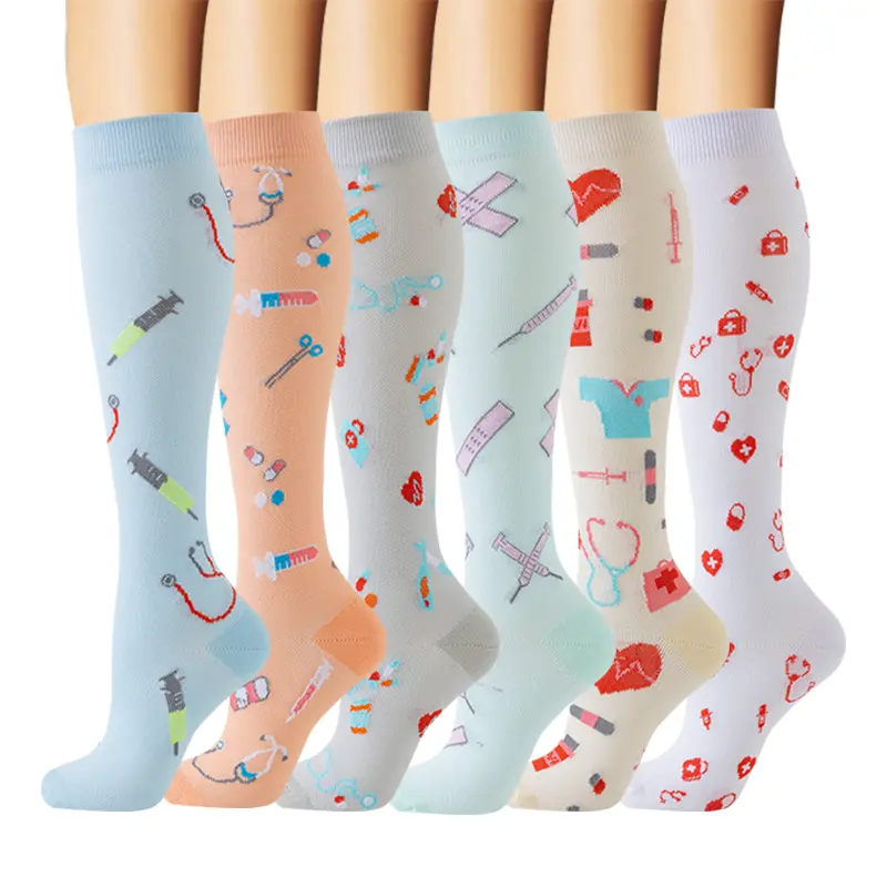 6 Pairs Knee-High Acrylic Blend Compression Socks with Medical Prints, 15-20mmHg Unisex Wear for Nurses on Long Shifts, Machine Wash