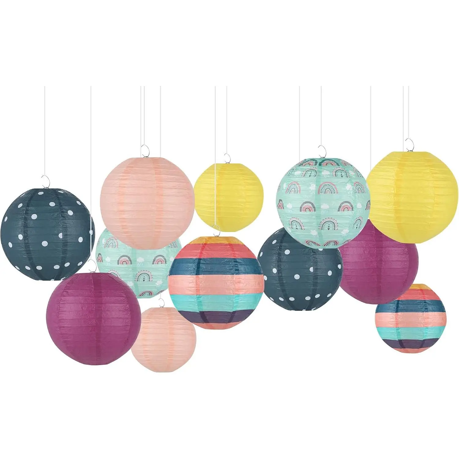 12pcs Boho Paper Lanterns Set, Colorful Rainbow Hues Party Decorations for Classroom Ceiling Hang, Birthday Party Decor (Ideal for School, Wedding, Bridal Shower Leisure & Outdoor Gatherings)