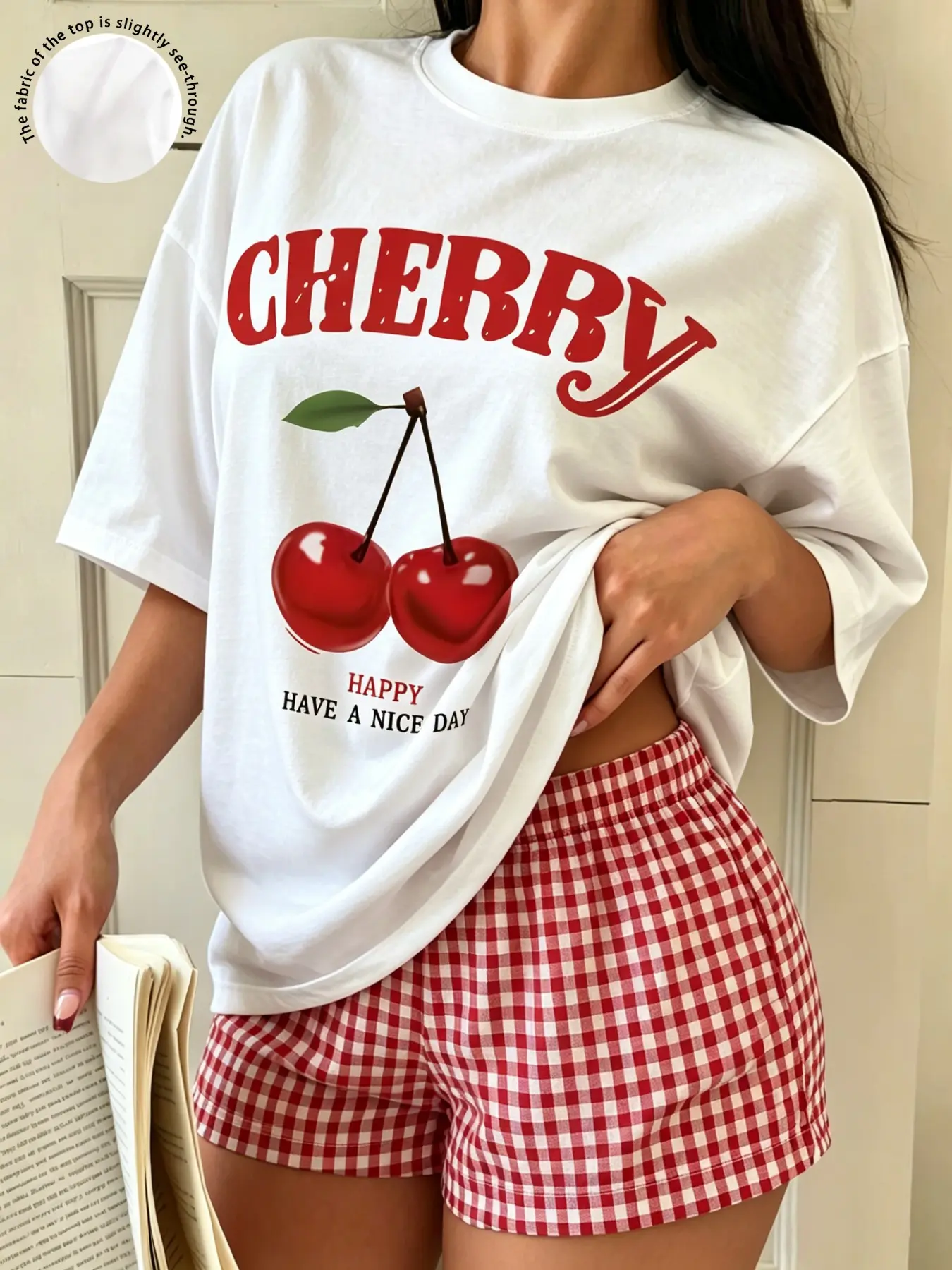 2-Piece Set, Sweet Cherry Print T-Shirt + Plaid Shorts, Casual Loose-Fit for Home & Outdoor, Women's Series