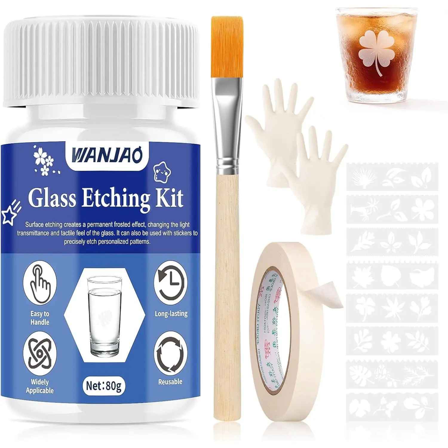 WANJAO 80g Glass Etching Kit, Frosted Glass Etching Kit Long-Lasting Creative Etch Creating Matte Glasses Effect with Stencil Gloves Paper Tape for Glasses Mugs Jars Mirrors Mother Day