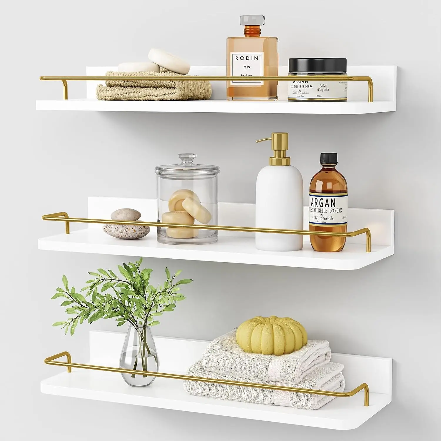 Forbena Gold Floating Shelves for Wall Decor Set of 3, Bathroom Shelves Over Toilet, Modern Display Wall Shelf with Guard Rail for Living Room Bedroom Organizers and Storage - White and Gold
