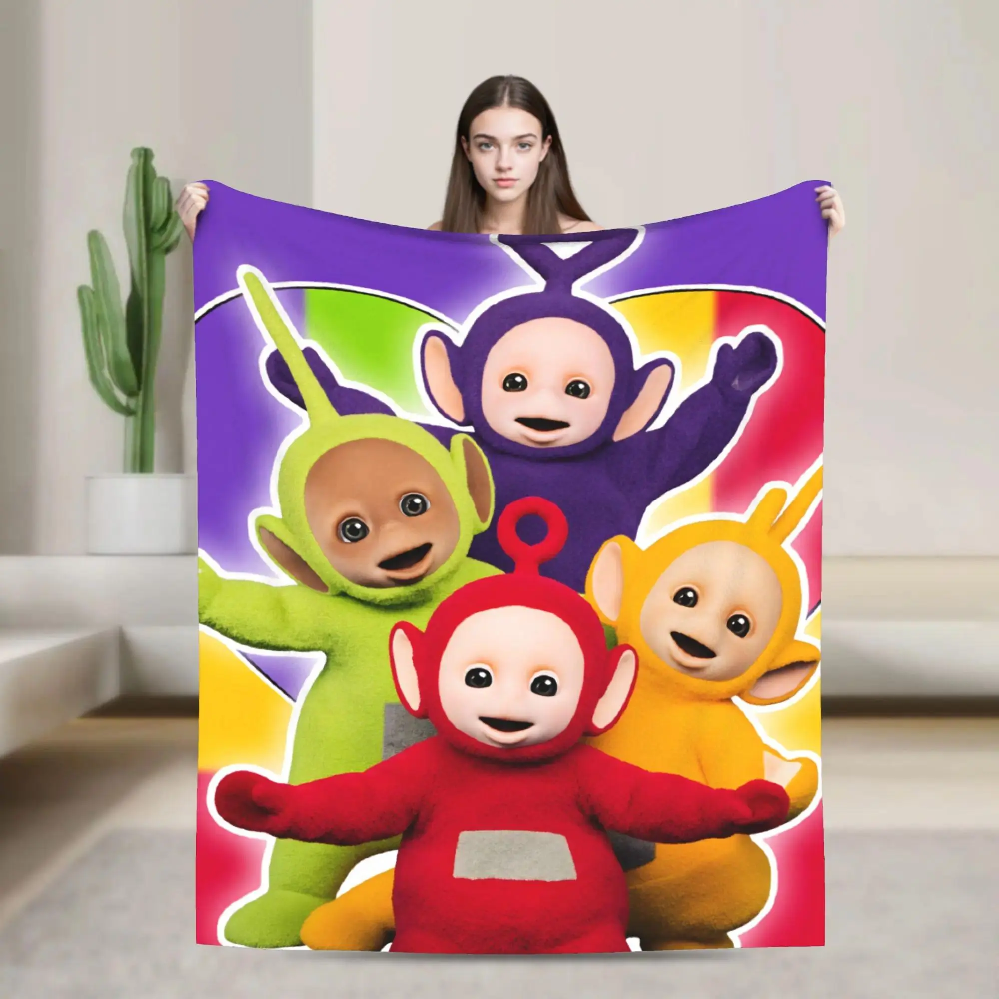 Teletubbies Character Print Flannel Fabric Blanket - Multi-Size, Stain Resistant Throw for Bedroom Use, Lounge Time