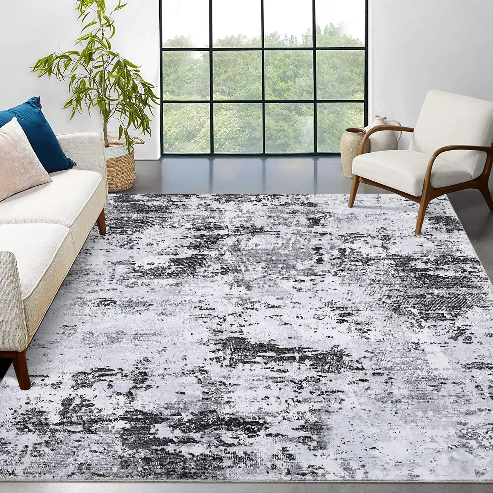 9x12 Washable Area Rug, Abstract Ink Wash Printed Pearl Velvet Carpet, Foldable Soft Rug for Living Room Dining Room Bedroom, Light Gray
