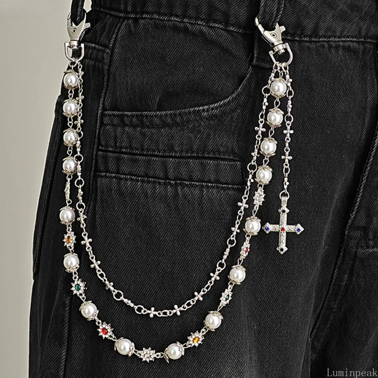 2026 Gothic Cross & Pearl Denim Pant Chain, Double-Layer Gold Metal Chain, Hip Hop Streetwear Wallet & Key Accessory Chain For Men & Wome