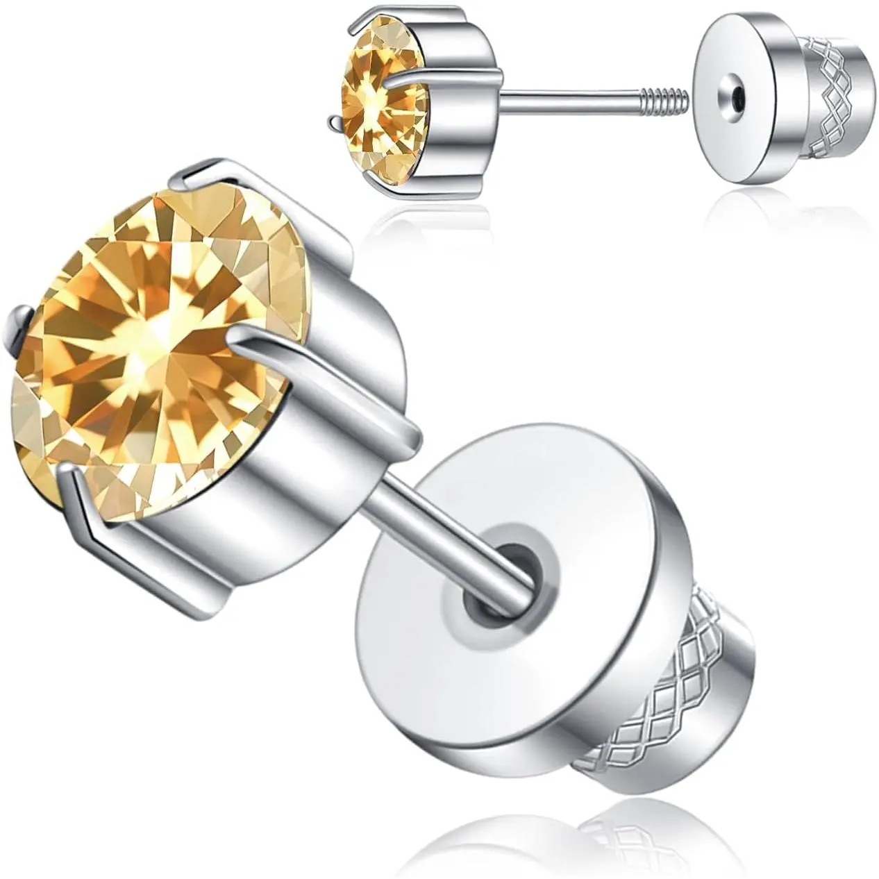 Titanium Screw  Stud Earrings for Women Men,  Double Side 5A Cubic Zirconia Flat  Earrings Birthstone Stud  6mm