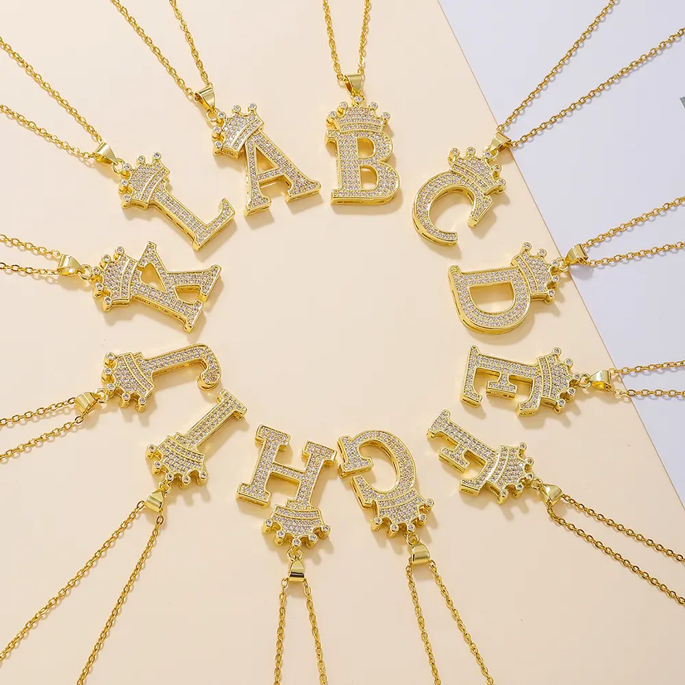 Women's Gold-Plated Initial Necklace with Crown-Shaped Zircon Pendant, Adjustable Copper Chain (45+5cm Extension), Casual Daily S-Size Costume Jewelry for Birthday Gifting, 45+5 Extension Chain, Crown Shaped Design, Zircon In Unique Style