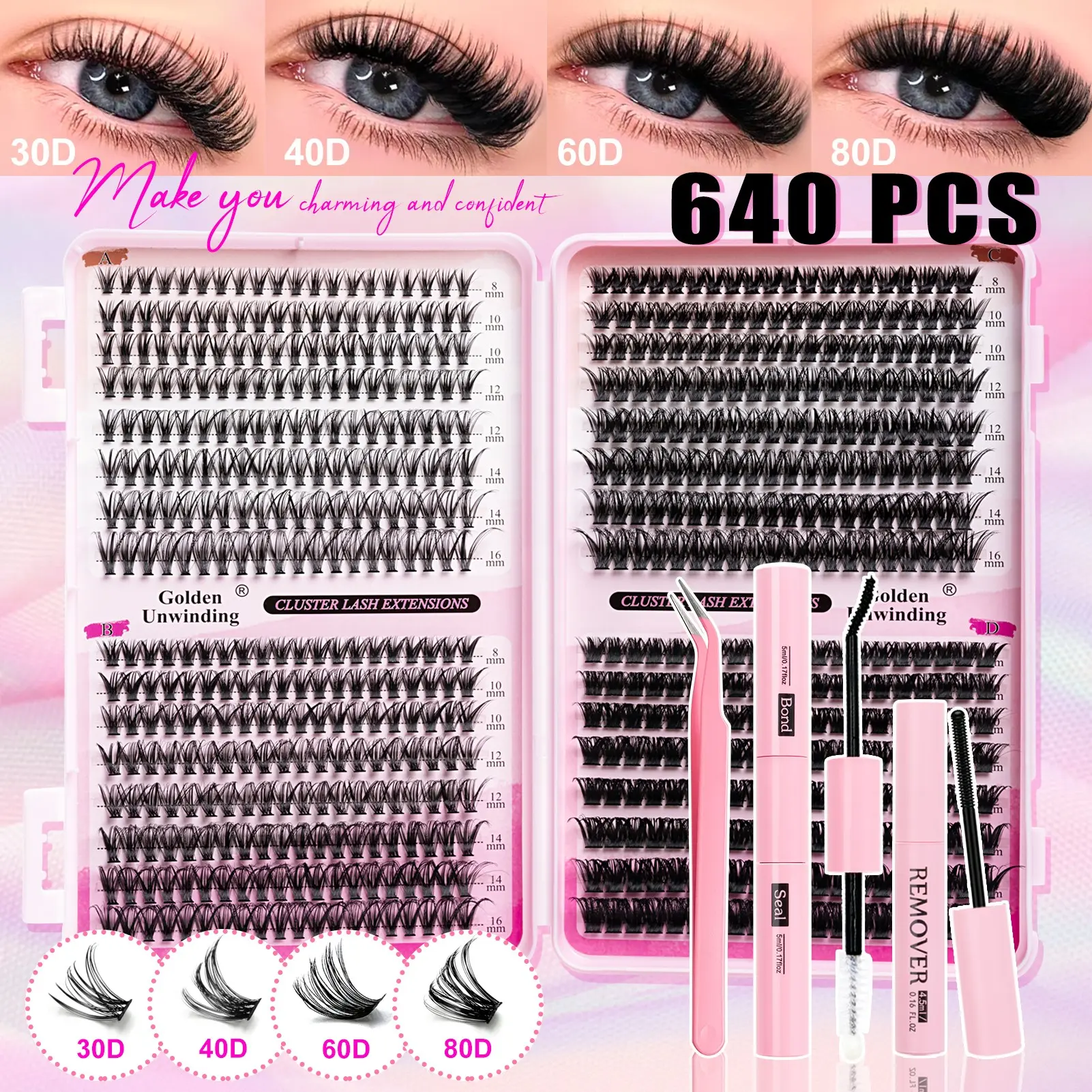 Faux eyelash extension, high capacity, various sizes, faux lash clusters, D-shaped curled faux lashes. DIY faux eyelash extension , suitable for daily use, parties, travel, or as a gift for family and friends. Faux lashes, fake eyelashes