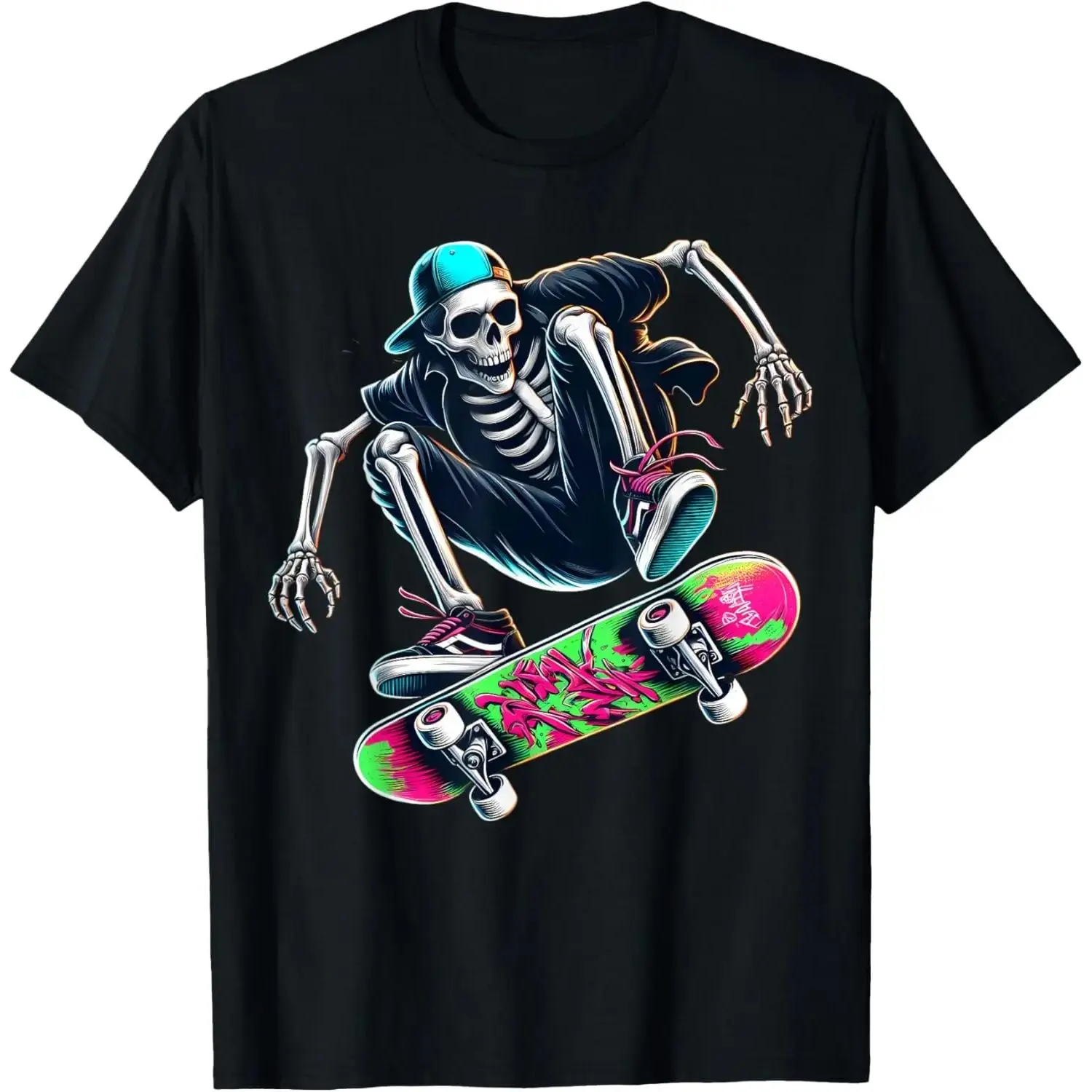 Unisex 100% Cotton Skater Skeleton Graphic T-Shirt - Round Neck, Short Sleeve, Distressed Look, Casual Streetwear Sports Top, Menswear Clothes, Multi-Size