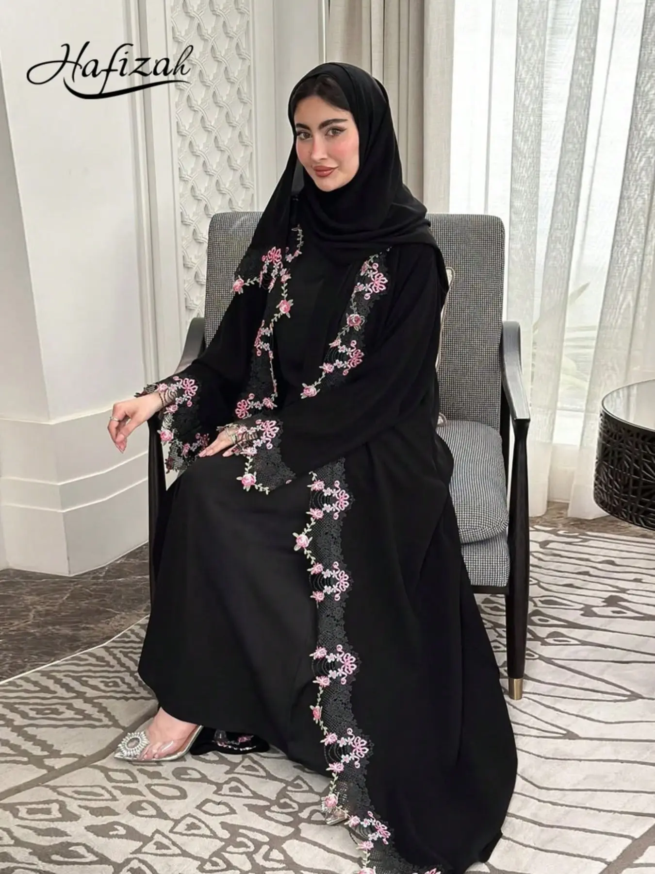 Hafizah Women's Floral Embroidered Long Cardigan, Lace Trimmed Sleeves, Loose Fit Outerwear, All Seasons, Casual Party Wear, Floral Embroidery Cardigan