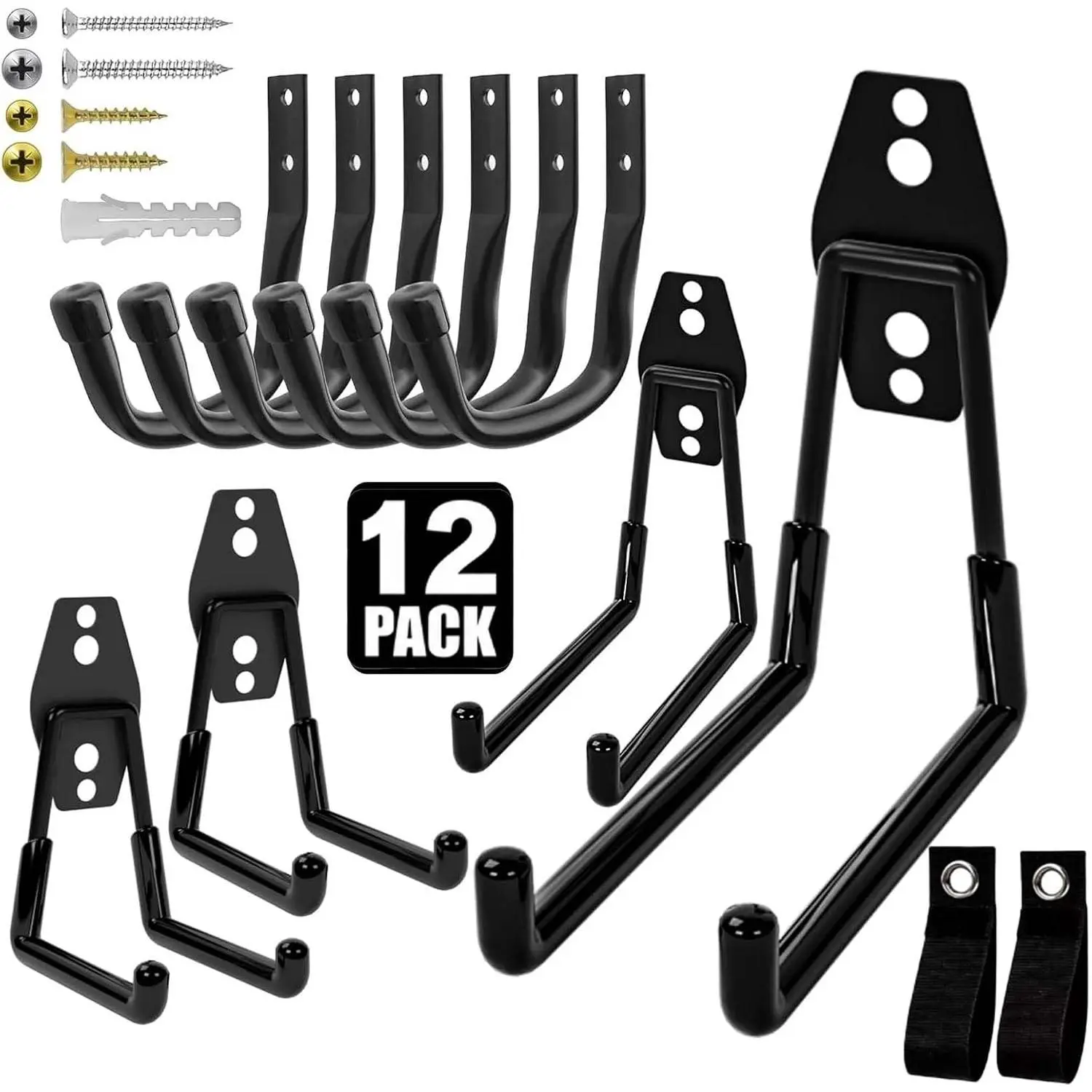 Heavy Duty Steel Garage Hooks, 12 Pack Anti-Slip Utility Storage Hangers with Mounting Hardware for Ladders, Bikes, Hoses, Garden Tools, Coats, Bags - BlackGift