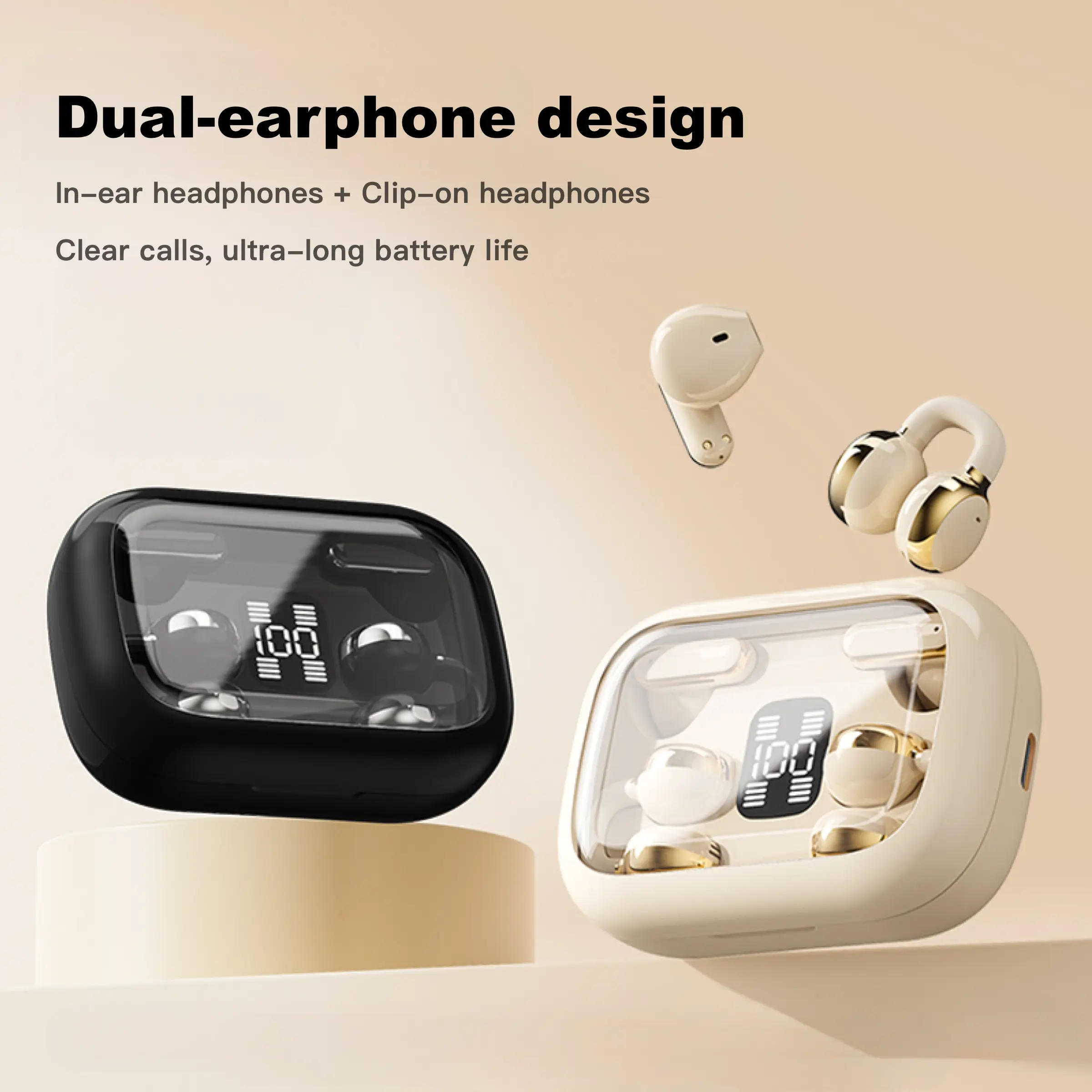 2 Pairs Wireless Earbuds in 1 Charging Case, Q10 Dual-Style Clip-On and In-Ear Bluetooth Headphones, HiFi Bass Audio, ENC Clear Calls, Mini Lightweight TWS Earphones for Couples, Workout, Gaming, Music