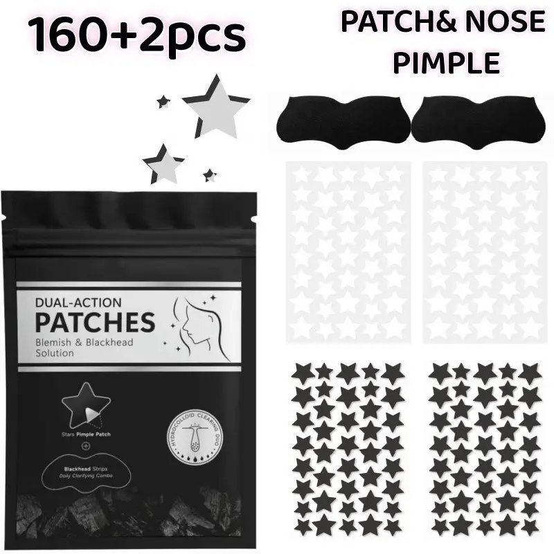 160+2Pcs Black and White Star Hydrocolloid Acne Pimple Patches and Black Nose Strips, 2-in-1 Facial Blemish Cover Acne Treatment Set for Halloween Parties, Music Festivals, Photo Styling and Daily Skincare