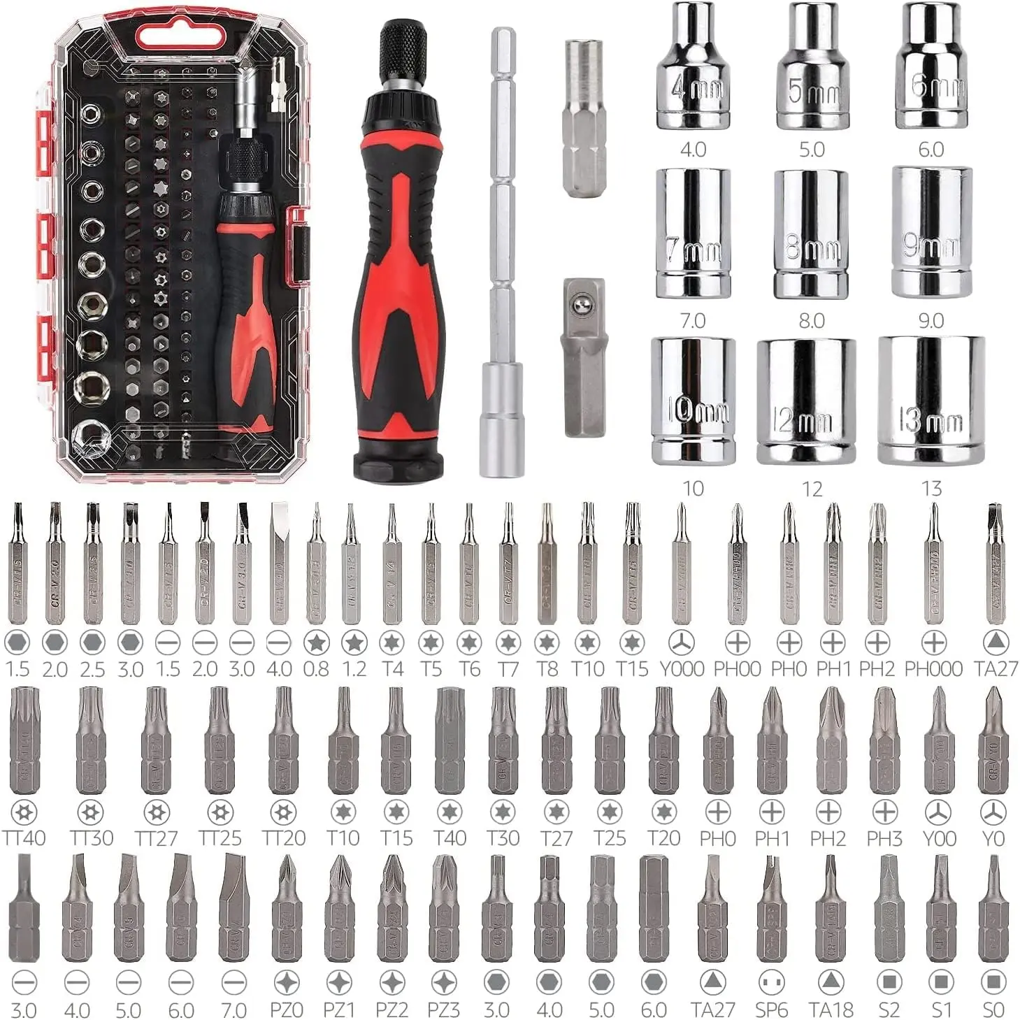 73-Piece Magnetic Ratcheting Wrench & Precision Screwdriver Tool Set with Multiple Heads, Carry Case for Household Users, Electronic Repair (Black/Red/Silver)