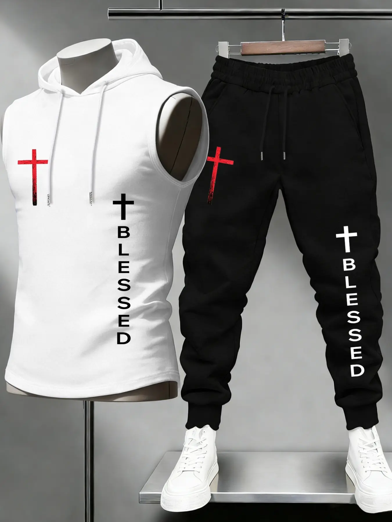 Men's 2-Piece Matching Tracksuit, Sleeveless Drawstring Hooded Tank Top and Elastic Cuffed Jogger Pants, Cross & Blessed Vertical Letter Printed, Loose Faith Inspired Streetwear Jogging Set for Casual Leisure Outfit