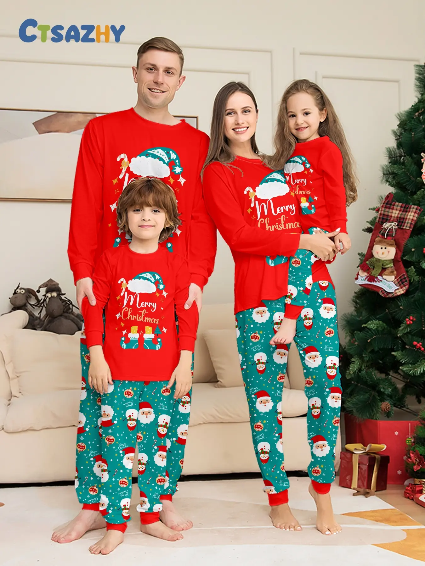 Vintage Colorblock Christmas Family Set, Holiday Print Top, Cartoon Santa Pants, Adult & Kids, Casual Home Wear, Festive Photo