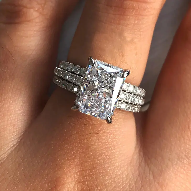 Women's Artificial Zircon Stackable Layered Mix and Match Ring Set - Square Center Radiant Cut Engagement Style with 3 Paved Sides Bands, Shiny Finish Costume Jewelry for Proposal, Wedding Gift, Artificial Zircon Rings, Rings For Women