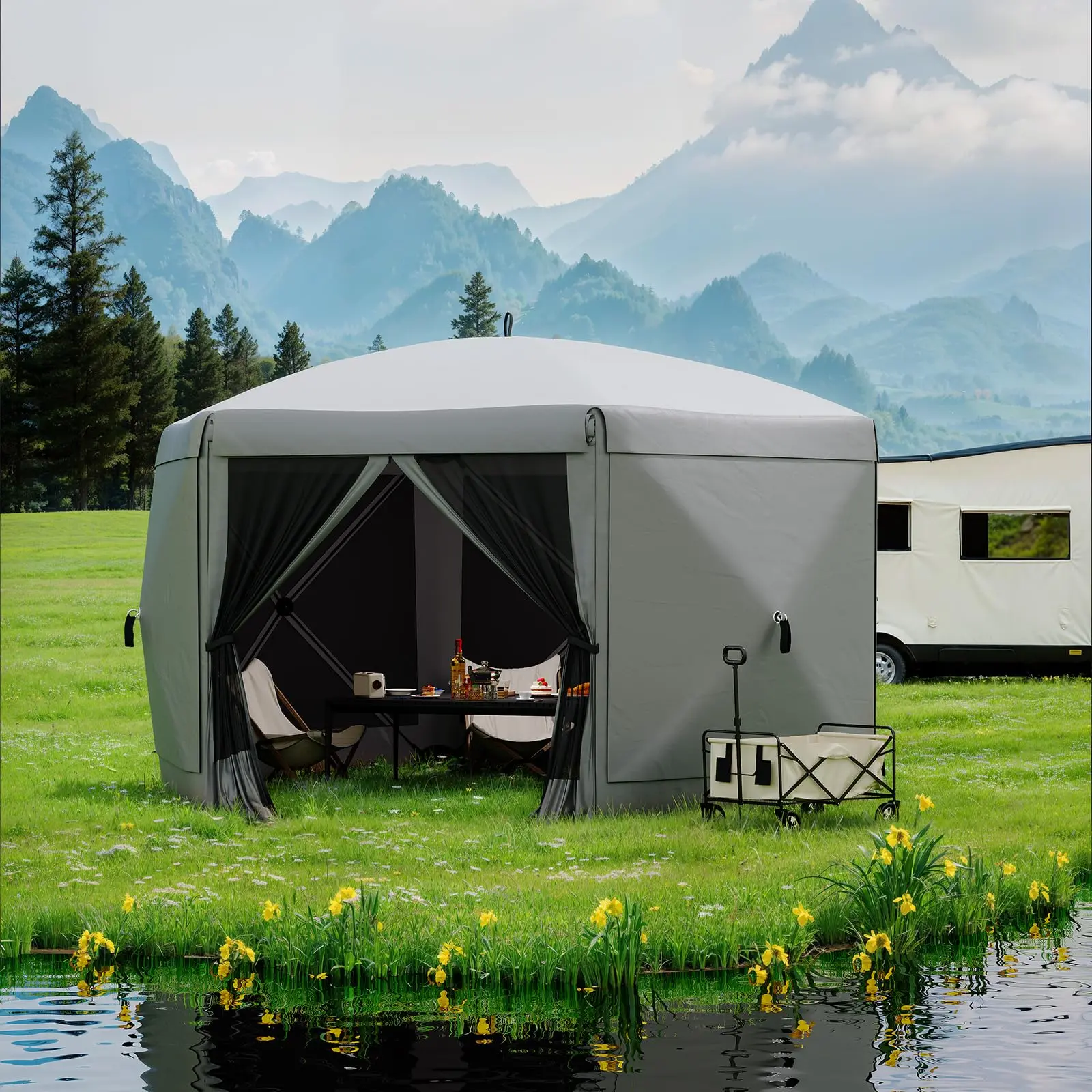 Easy Setup 13x13FT 6-Sided Pop Up Canopy Gazebo Tent – Removable Wind Cloths & Mosquito Netting – Quick Outdoor Shelter for Camping, Backyard, Patio, Parties, Events – Beige & Khaki, Grey