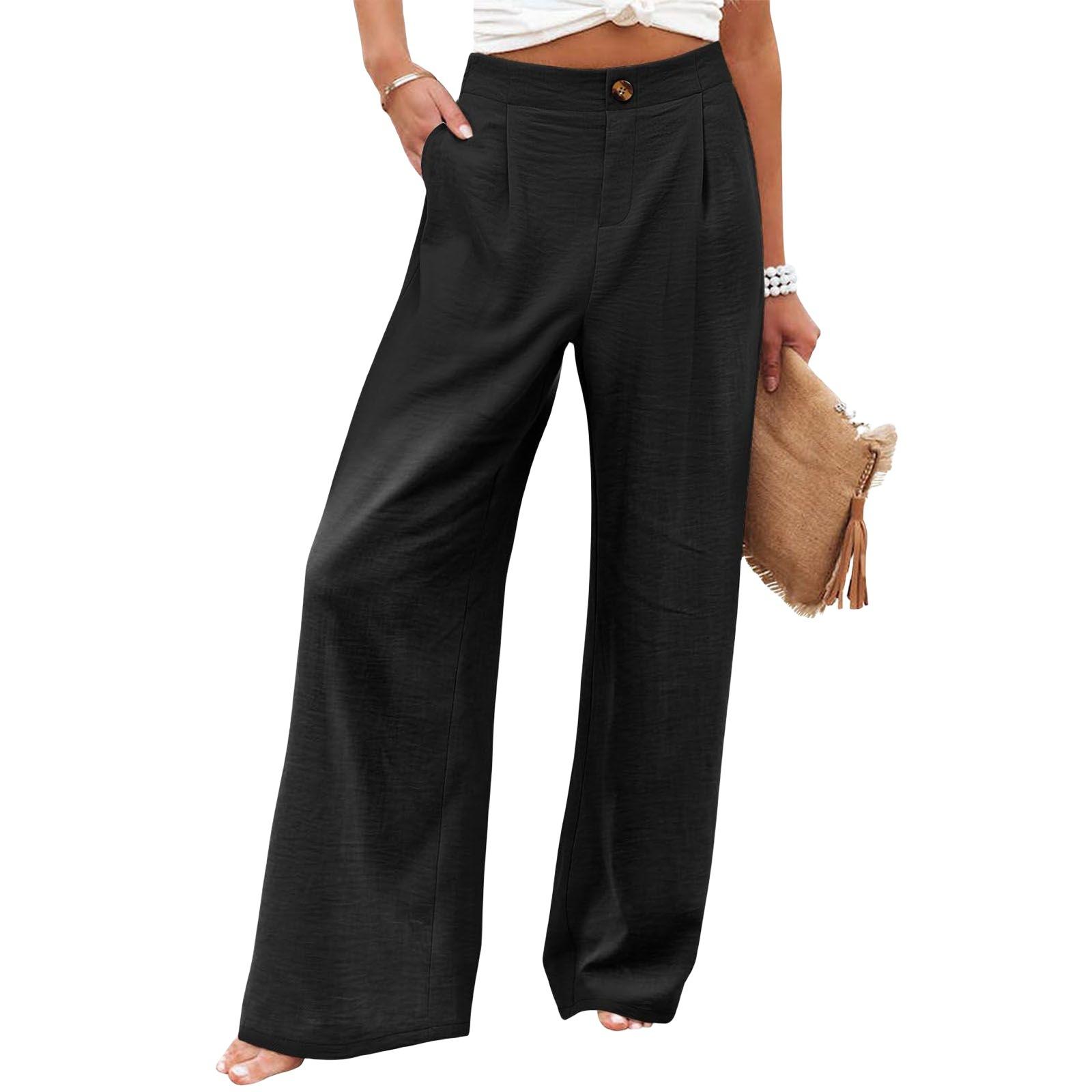 Women's Commuting and Vacation Summer Comfortable High-Waisted Long Pants with Buttons, Elastic Waist, Wide-Leg Casual Straight Pants