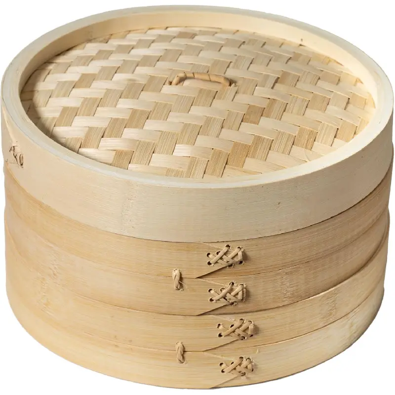 10-Inch Traditional Woven Bamboo Steamer Basket - 2-Tier Stackable Cookware with Lid for Wok Use, Bao Buns, Vegetables, Pan