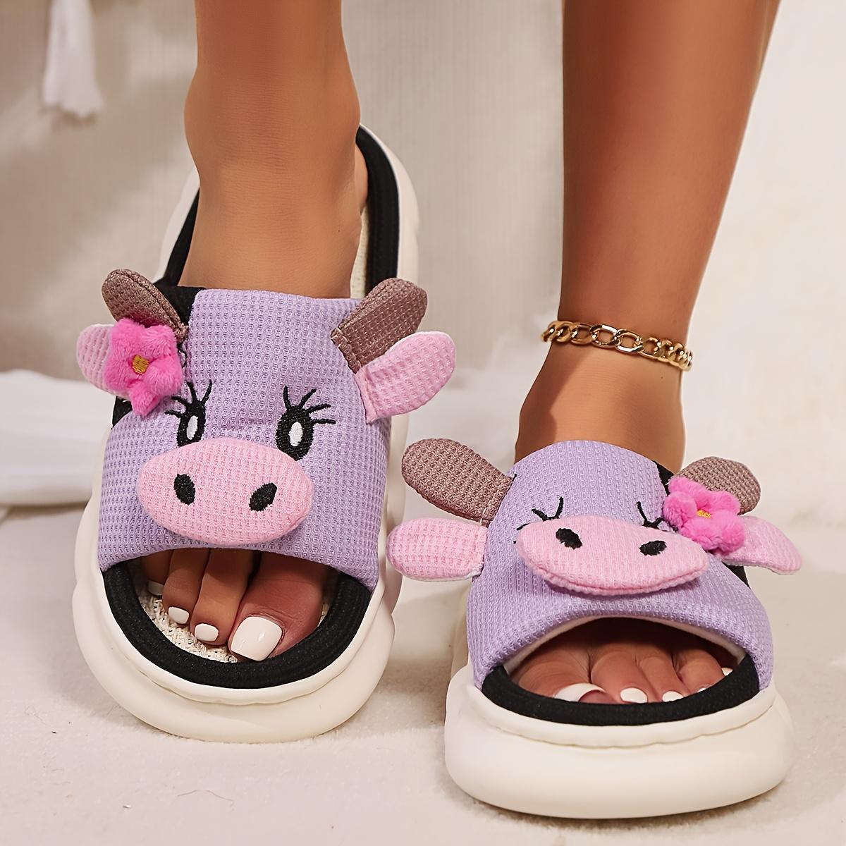 Cute Flower Cow Linen Slippers Indoor Home Use Non-Slip Odor-Resistant Outdoor Thick-Soled SandalsMinimalist Fluffy Home Slippers,Open Toe Bedroom Sandals for Gifts,Casual Soft Pink Bedroom Slippers, Fuzzy Warm Slippers for Women 2025, Walking Shoes
