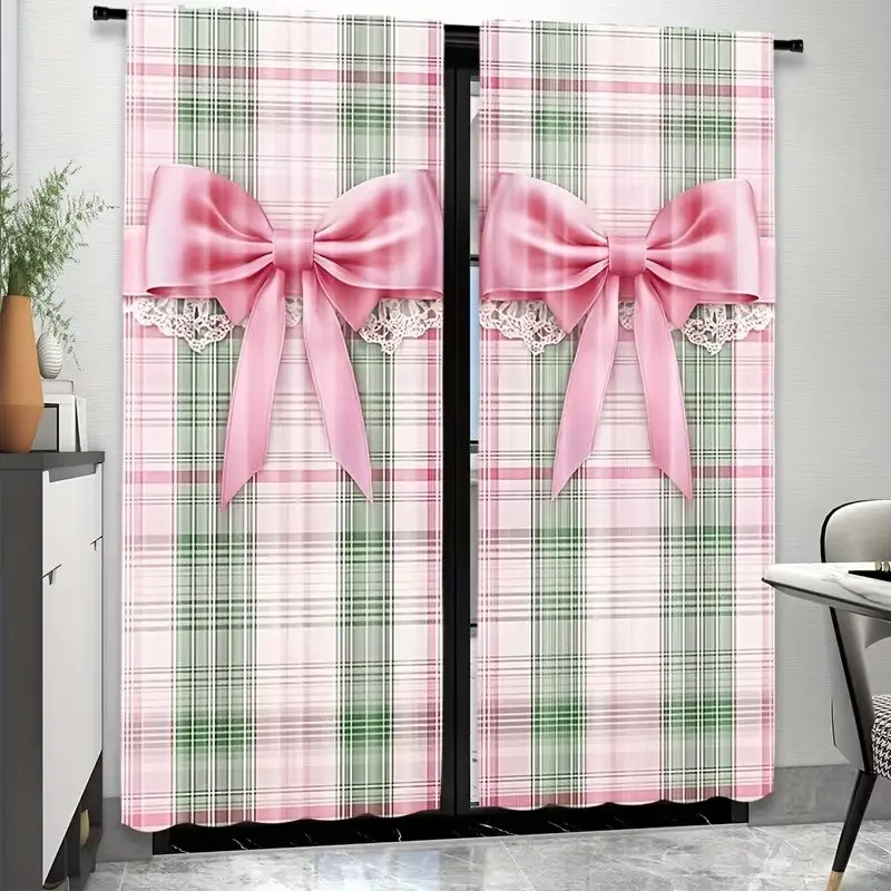 2 Piece Polyester 2D Fresh Theme Curtains, Bow Plaid Pattern Rod Pocket Drapes, Bedroom and Living Room Decor